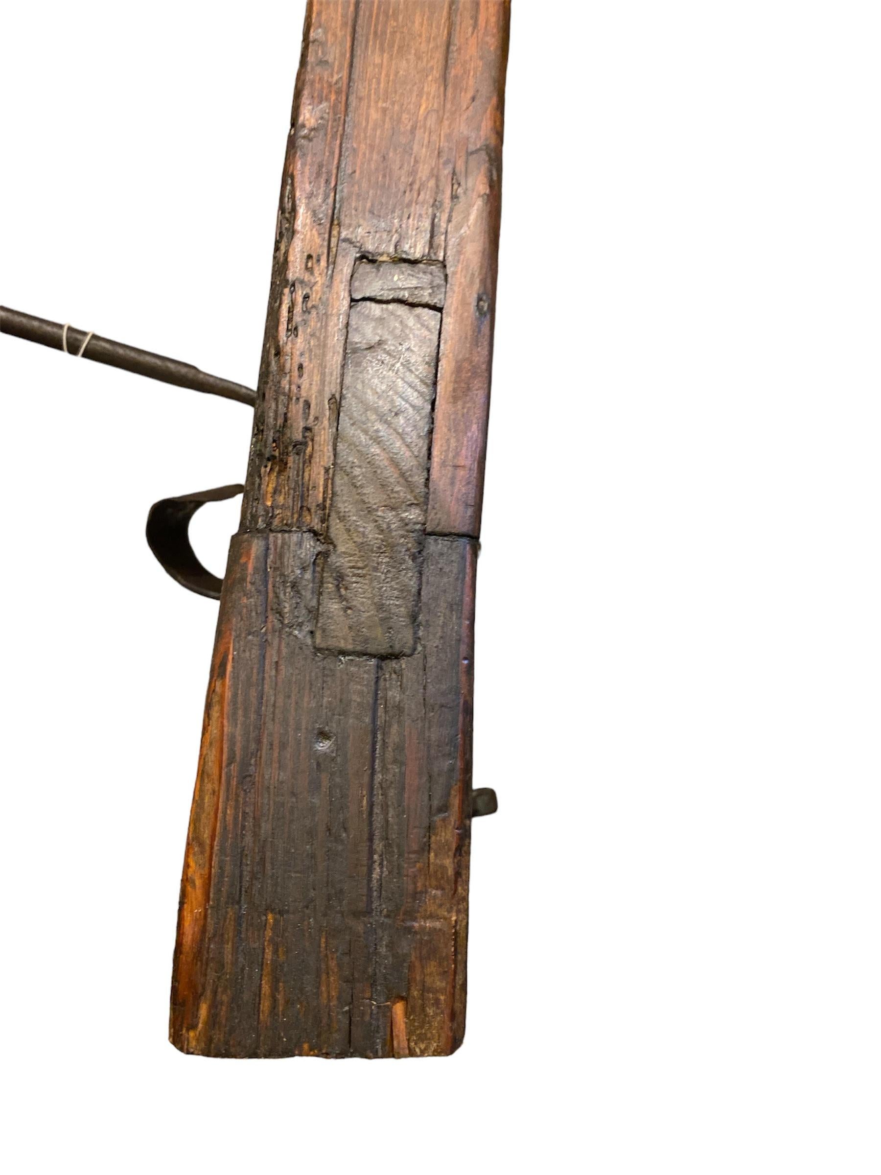 18th c, Spanish Revival wood Bench hand wrought Iron  stretcher. 1
