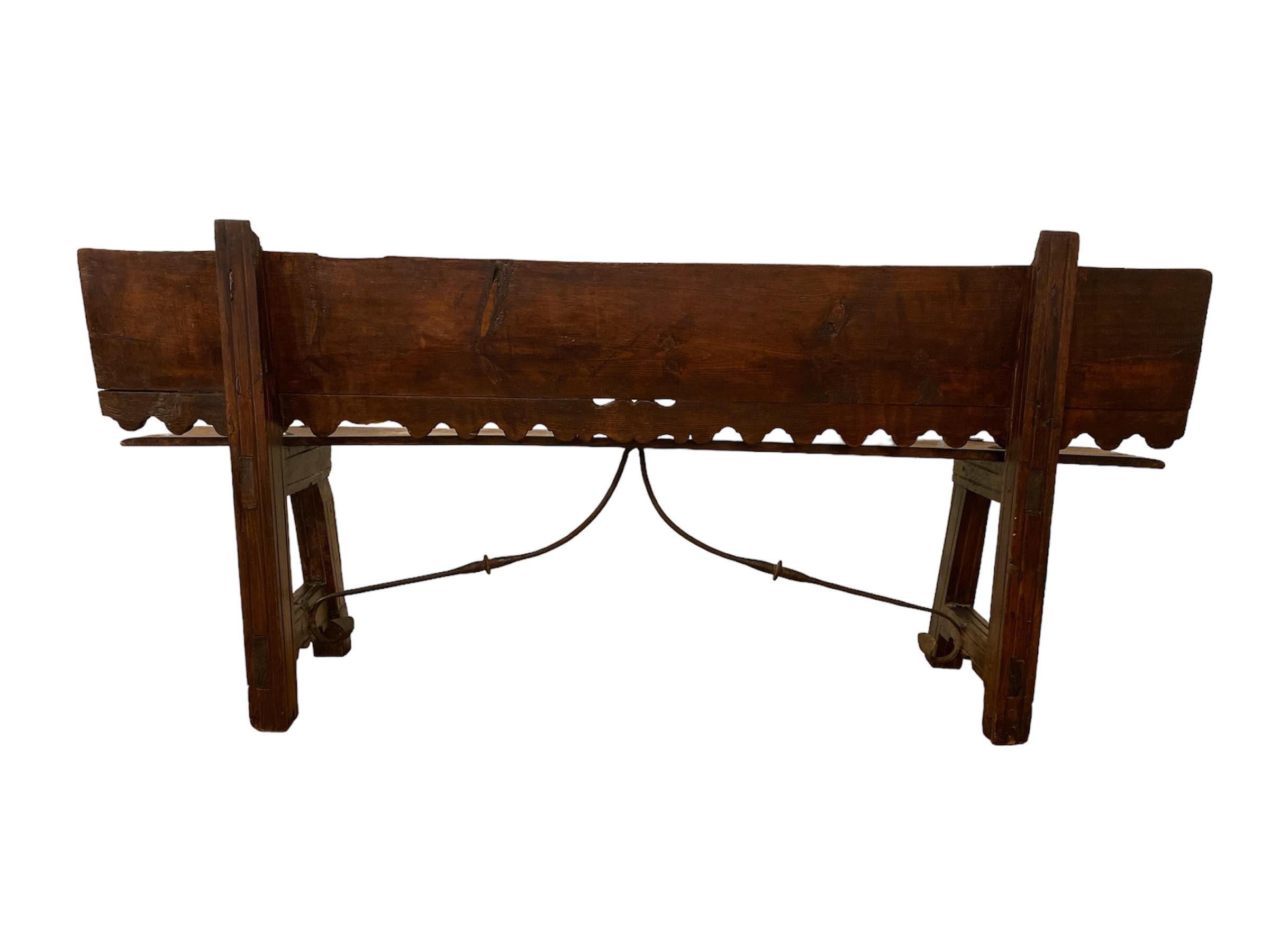 18th c, Spanish Revival wood Bench hand wrought Iron  stretcher. 9