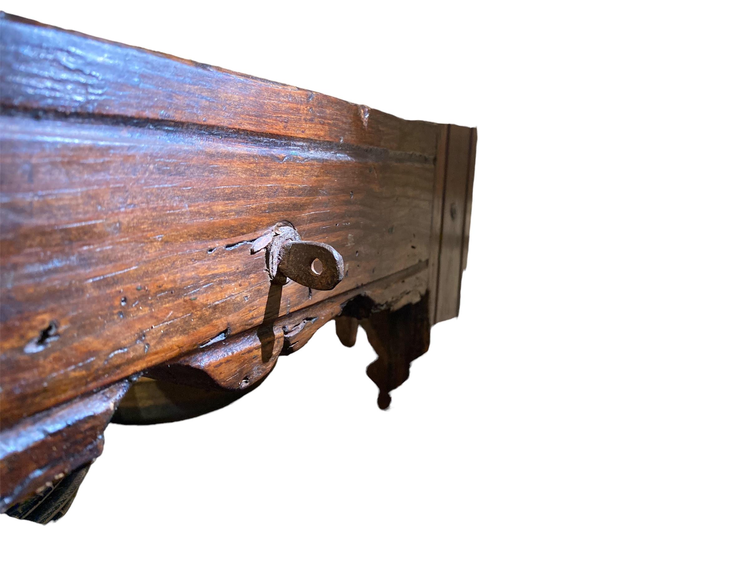 18th Century and Earlier 18th c, Spanish Revival wood Bench hand wrought Iron  stretcher.