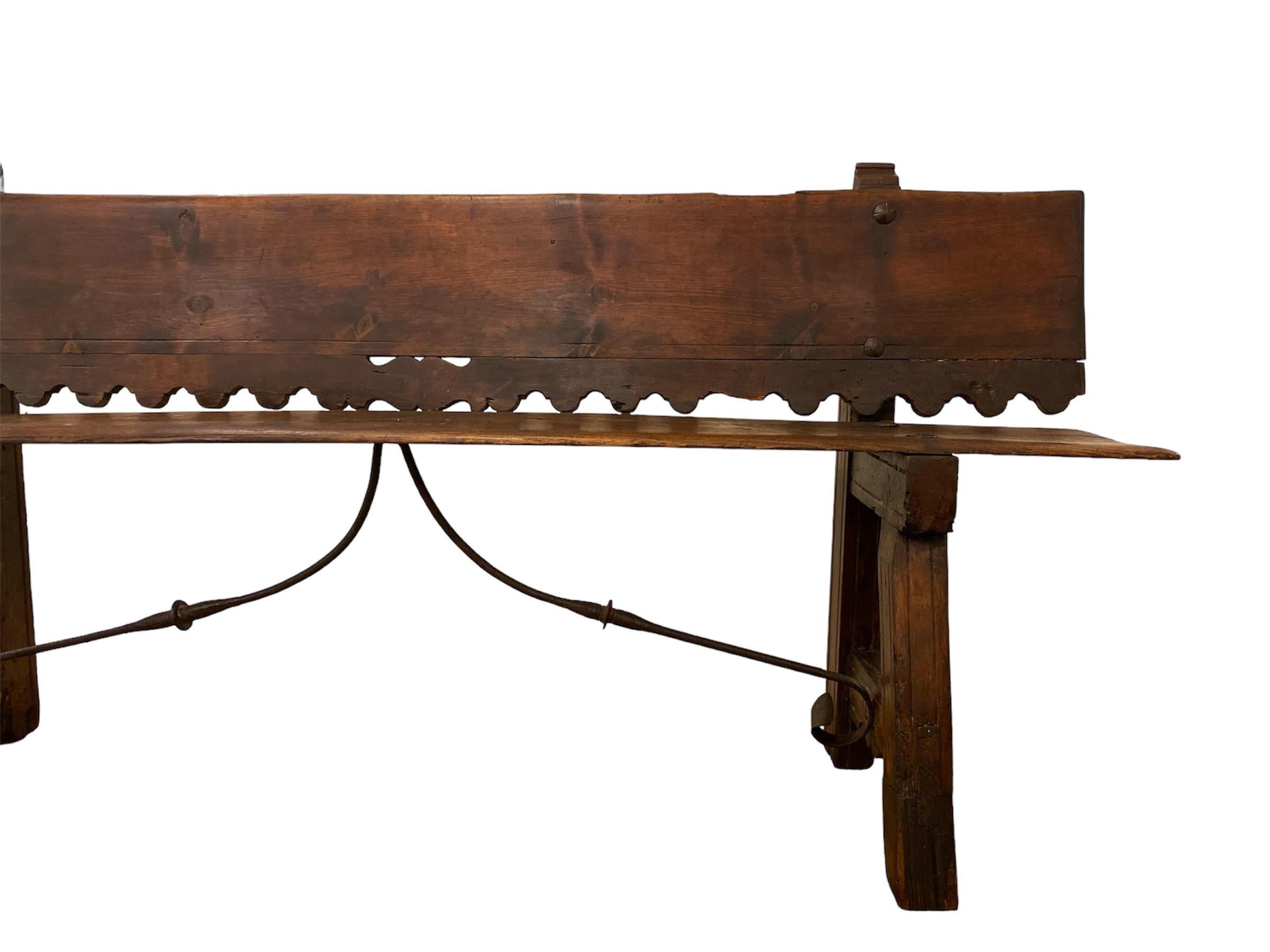 Antique 
Early 18th Century Spanish Revival 
High Buck Bench 
Hand worked Iron stretcher 
