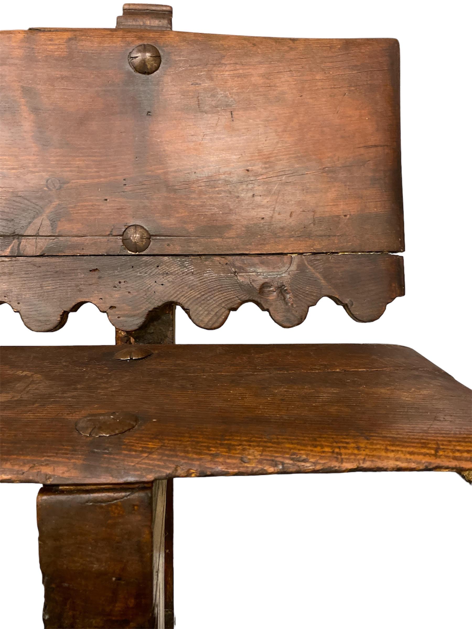 Wood 18th c, Spanish Revival wood Bench hand wrought Iron  stretcher.