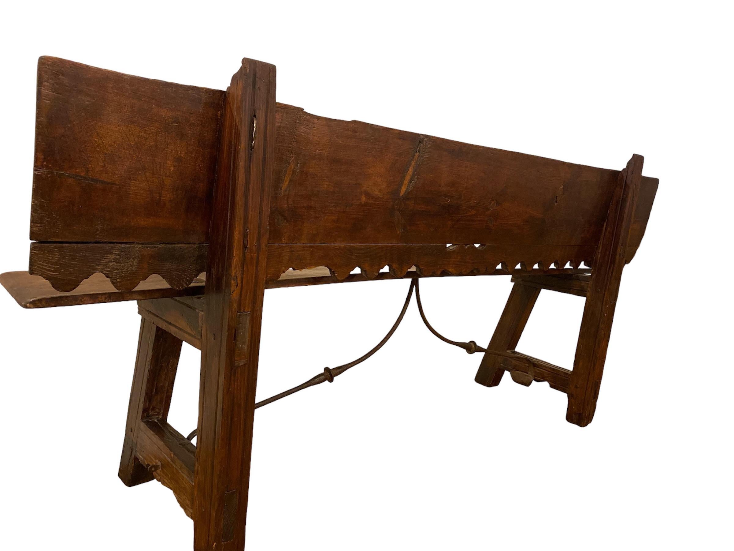 Hand-Crafted 18th c, Spanish Revival wood Bench hand wrought Iron  stretcher.
