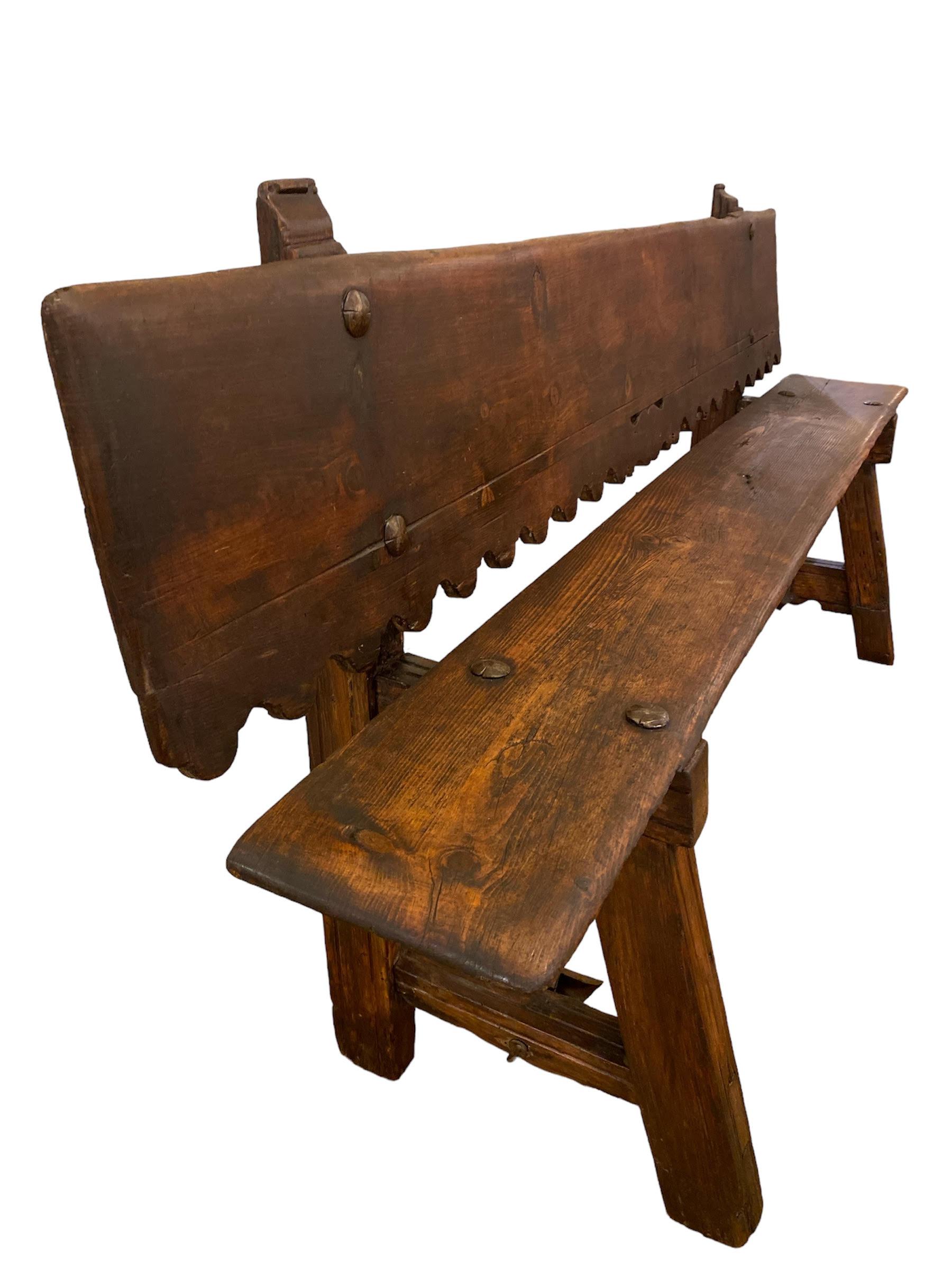 Spanish Colonial 18th c, Spanish Revival wood Bench hand wrought Iron  stretcher.