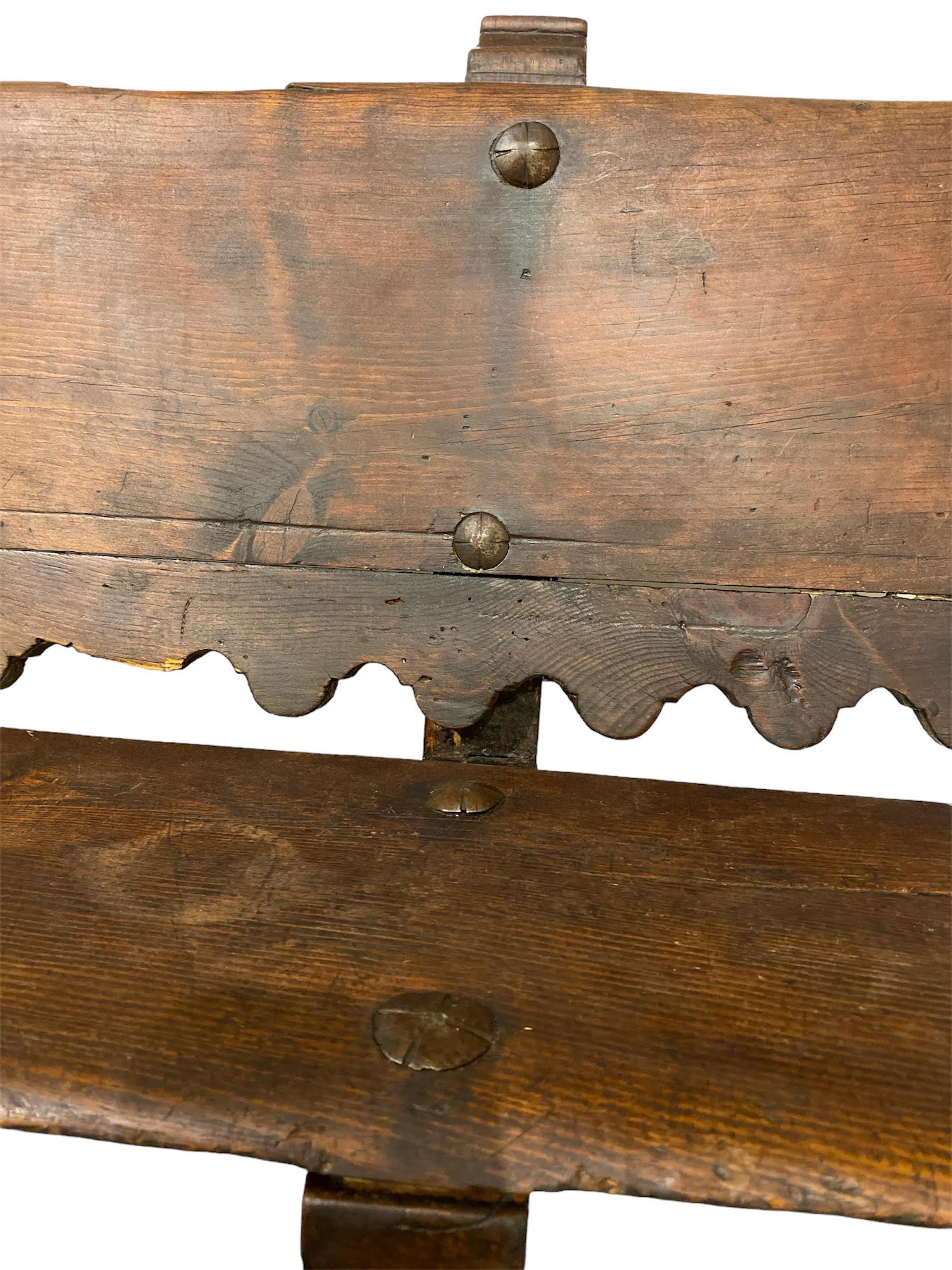 18th c, Spanish Revival wood Bench hand wrought Iron  stretcher. 2