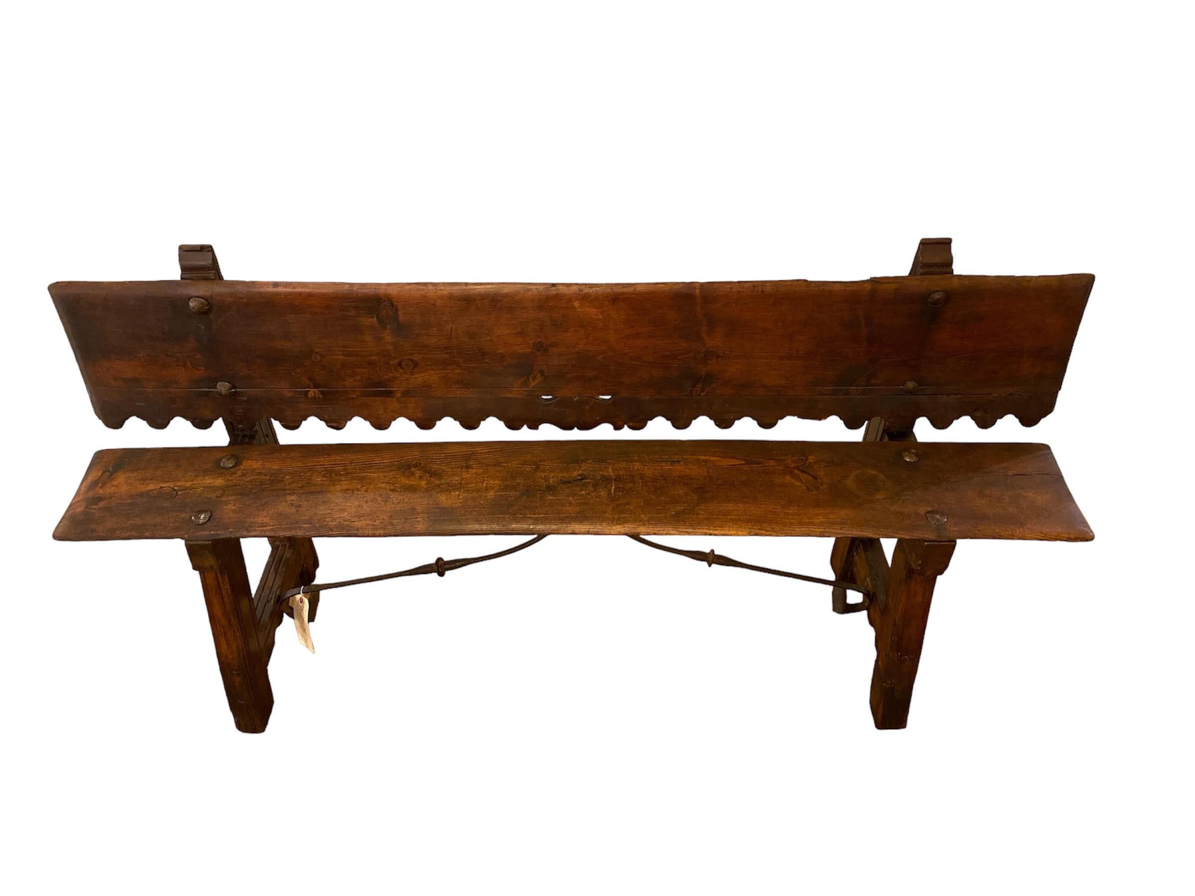 18th c, Spanish Revival wood Bench hand wrought Iron  stretcher. 6