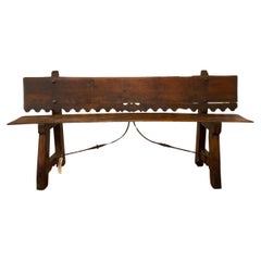 18th c, Spanish Revival wood Bench hand wrought Iron  stretcher.