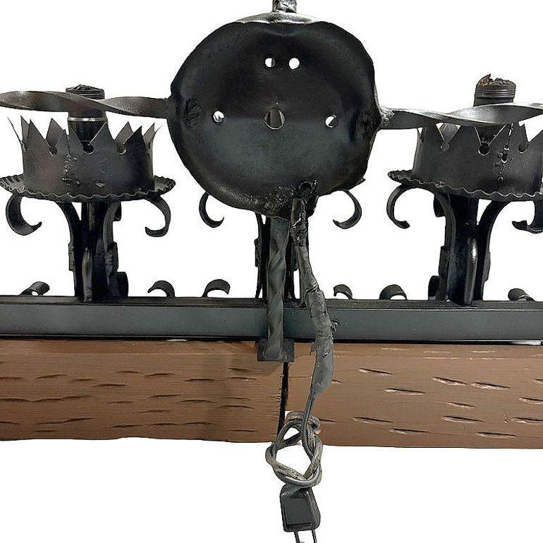 Spanish Revival Wrought Iron 7-Light Wood Beam Grand Wall Sconce, 2 Available For Sale 3