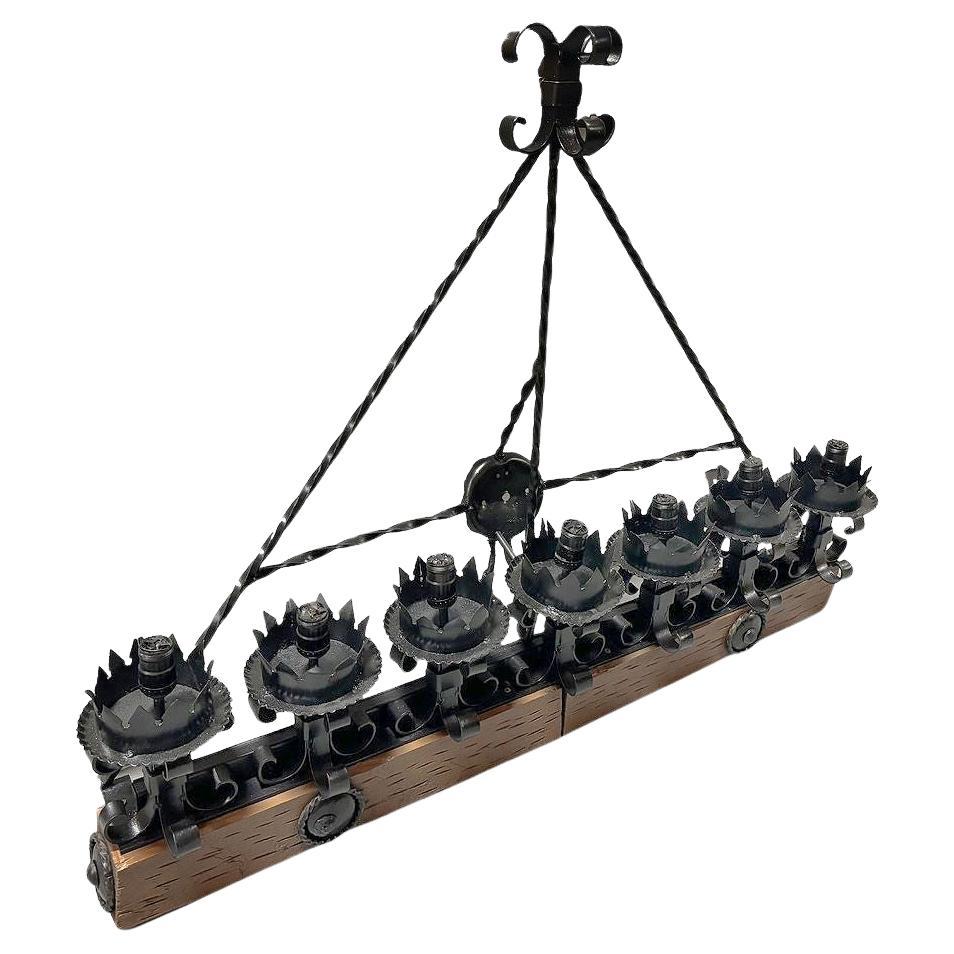 Spanish Revival Wrought Iron 7-Light Wood Beam Grand Wall Sconce, 2 Available For Sale