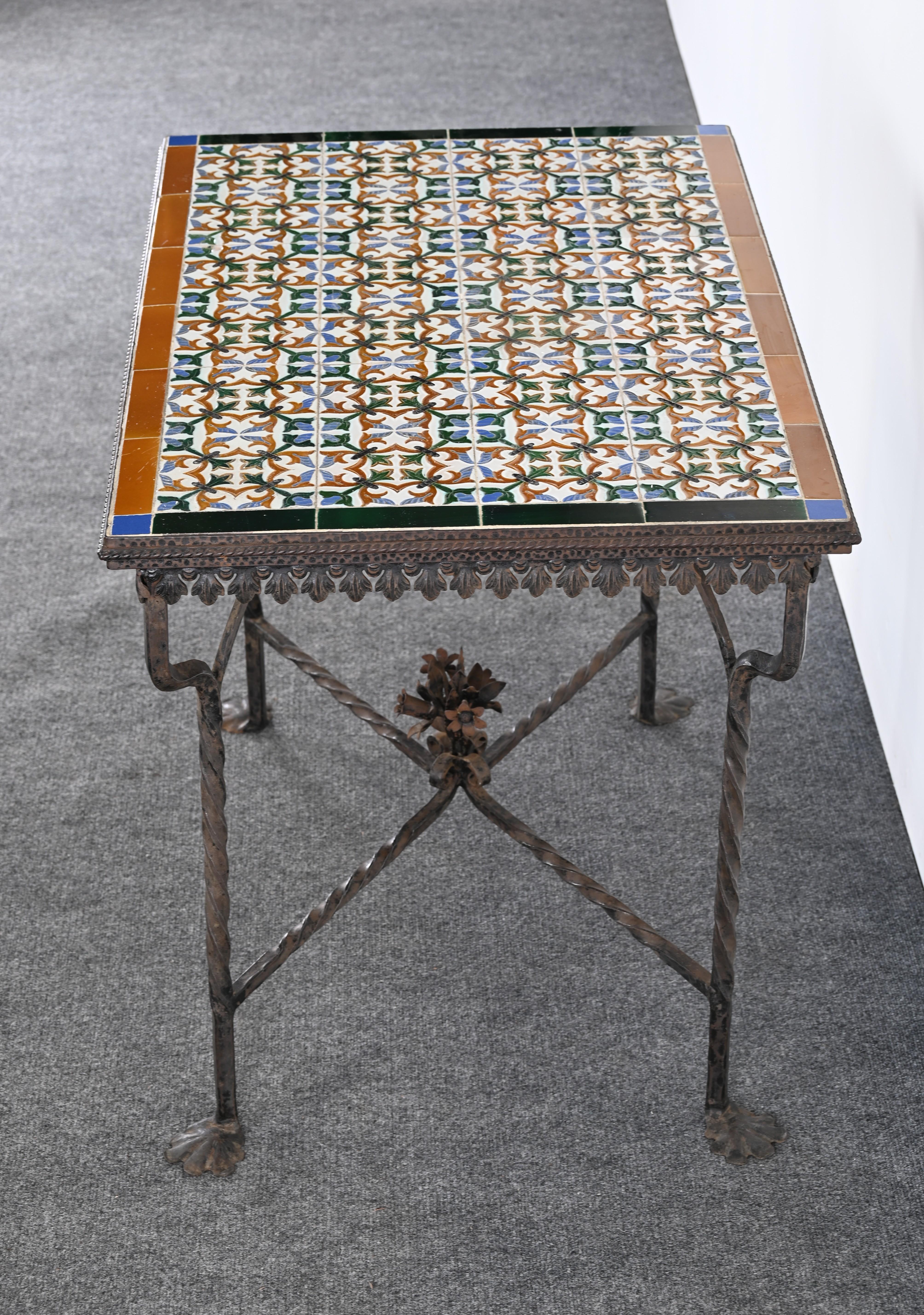 Spanish Revival Wrought Iron and Tile Console Table with Geometric Motif, 1920s For Sale 5