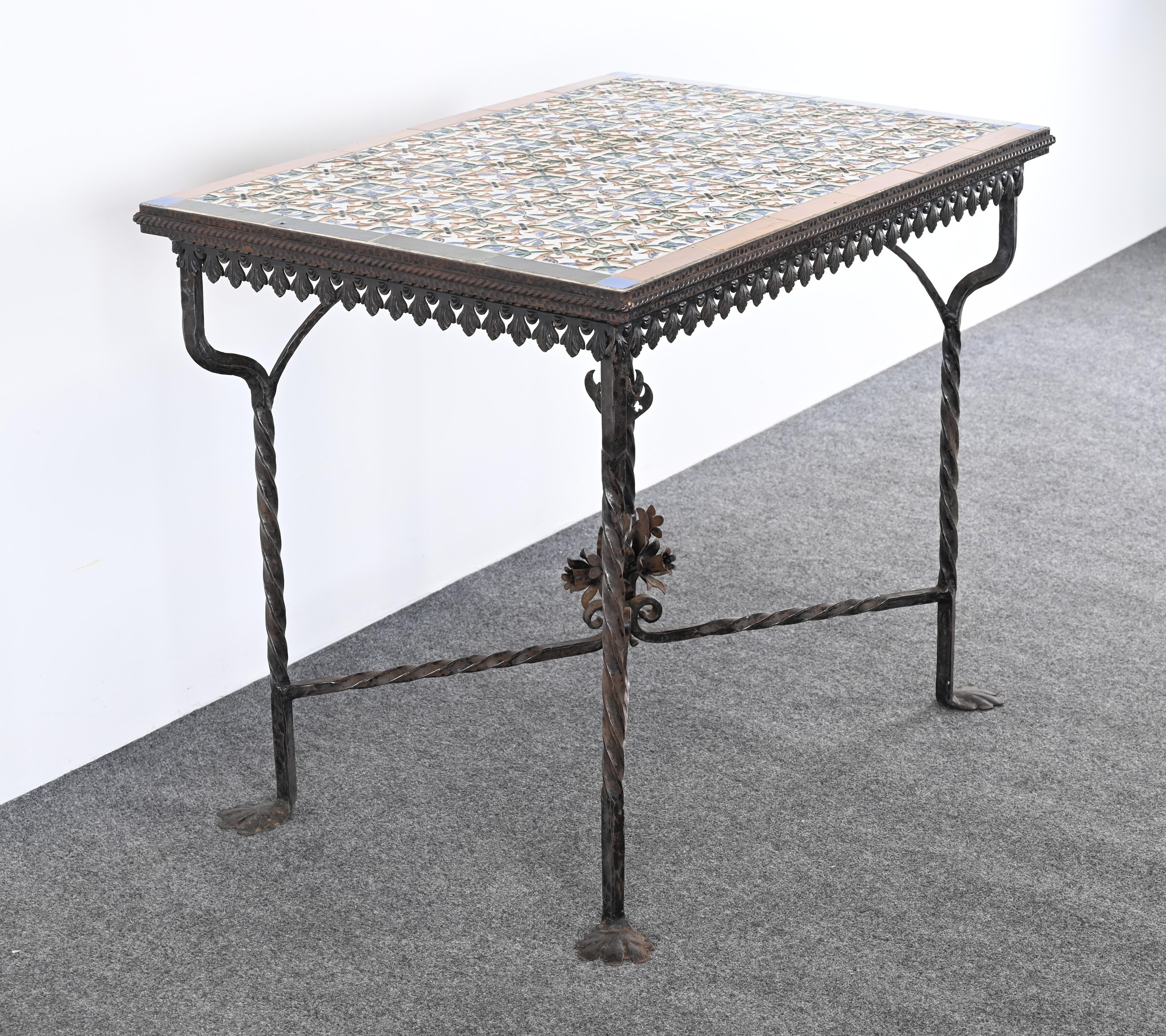 Spanish Revival Wrought Iron and Tile Console Table with Geometric Motif, 1920s For Sale 6