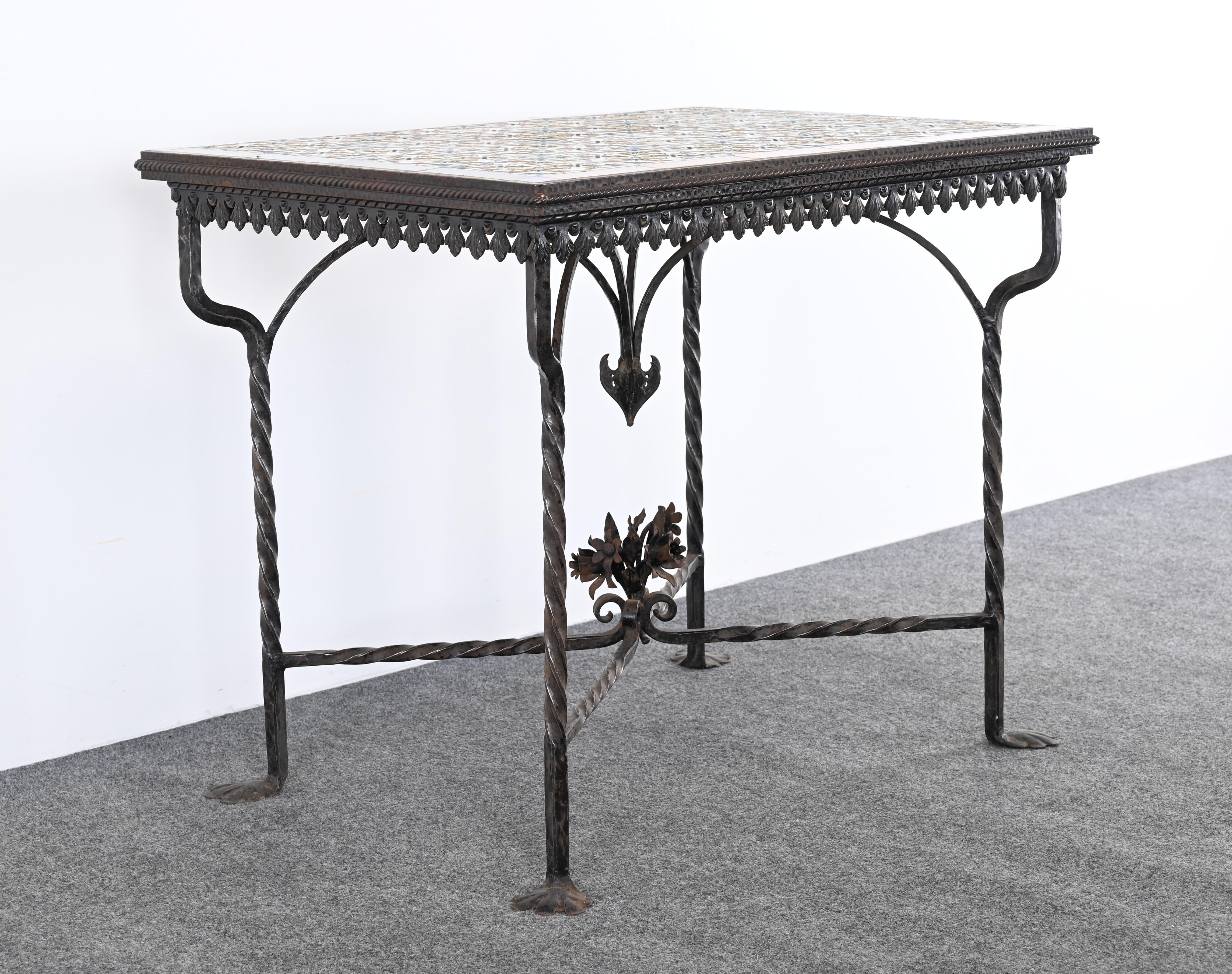Spanish Revival Wrought Iron and Tile Console Table with Geometric Motif, 1920s For Sale 7