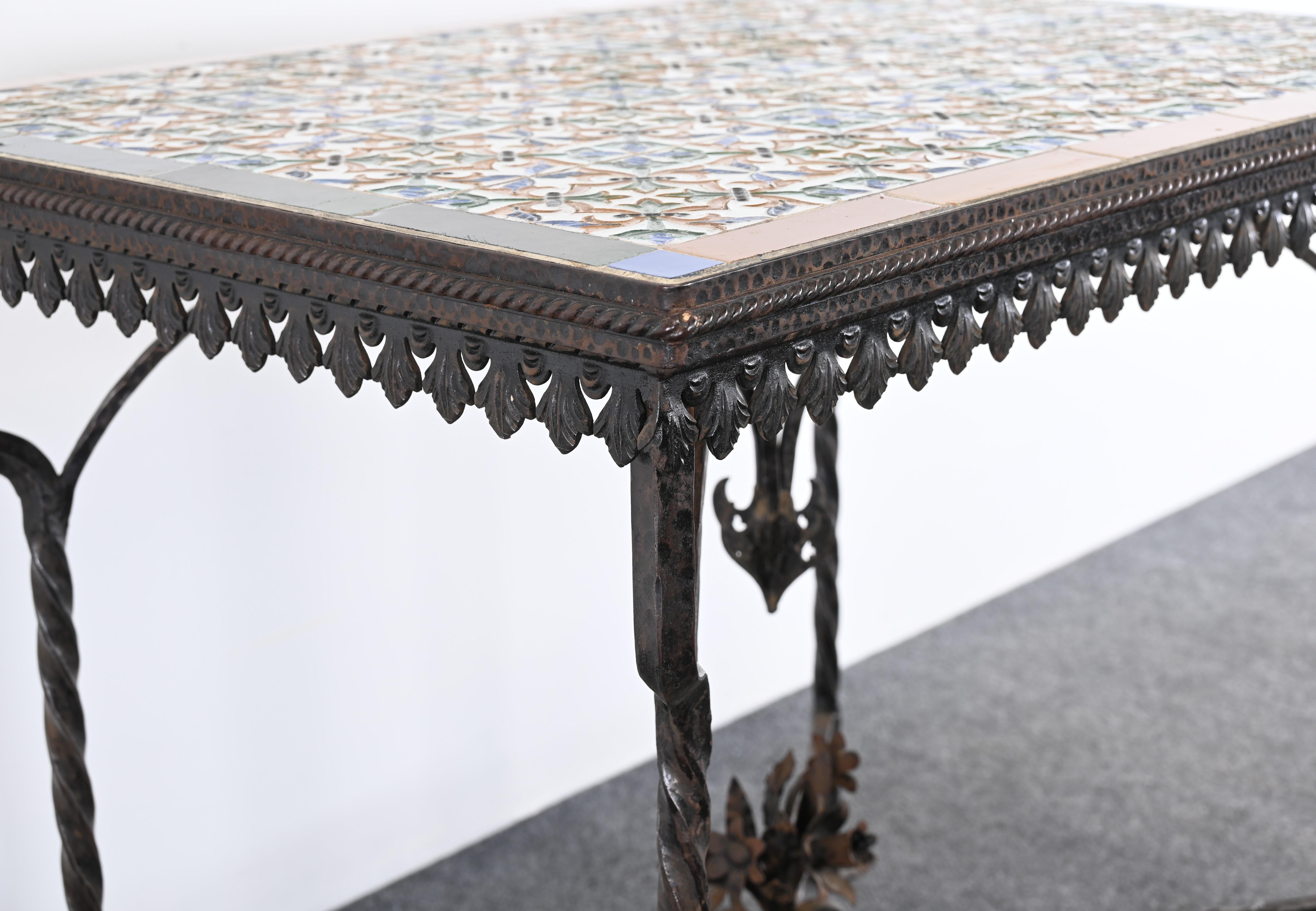 Spanish Revival Wrought Iron and Tile Console Table with Geometric Motif, 1920s For Sale 8
