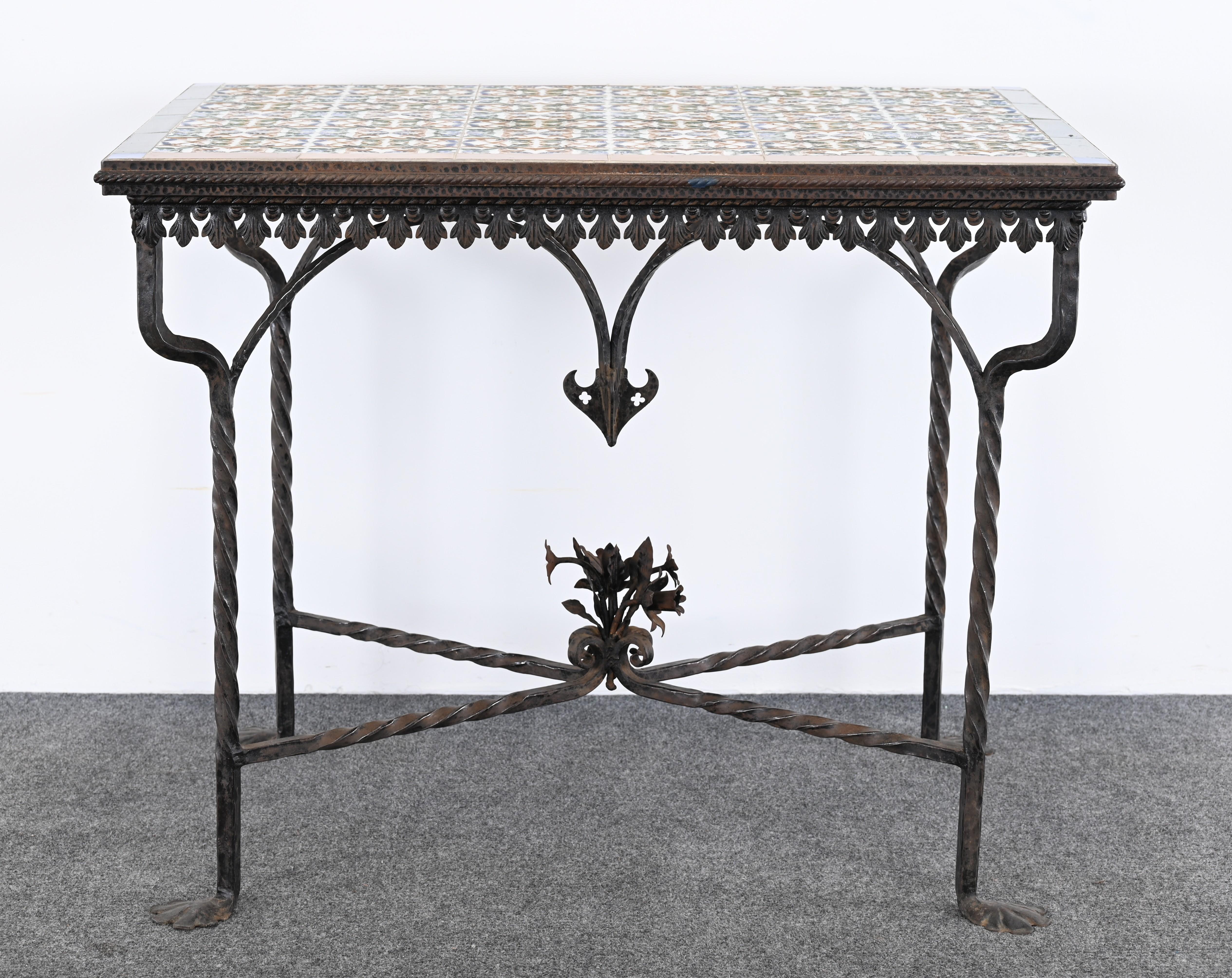 Spanish Revival Wrought Iron and Tile Console Table with Geometric Motif, 1920s For Sale 11