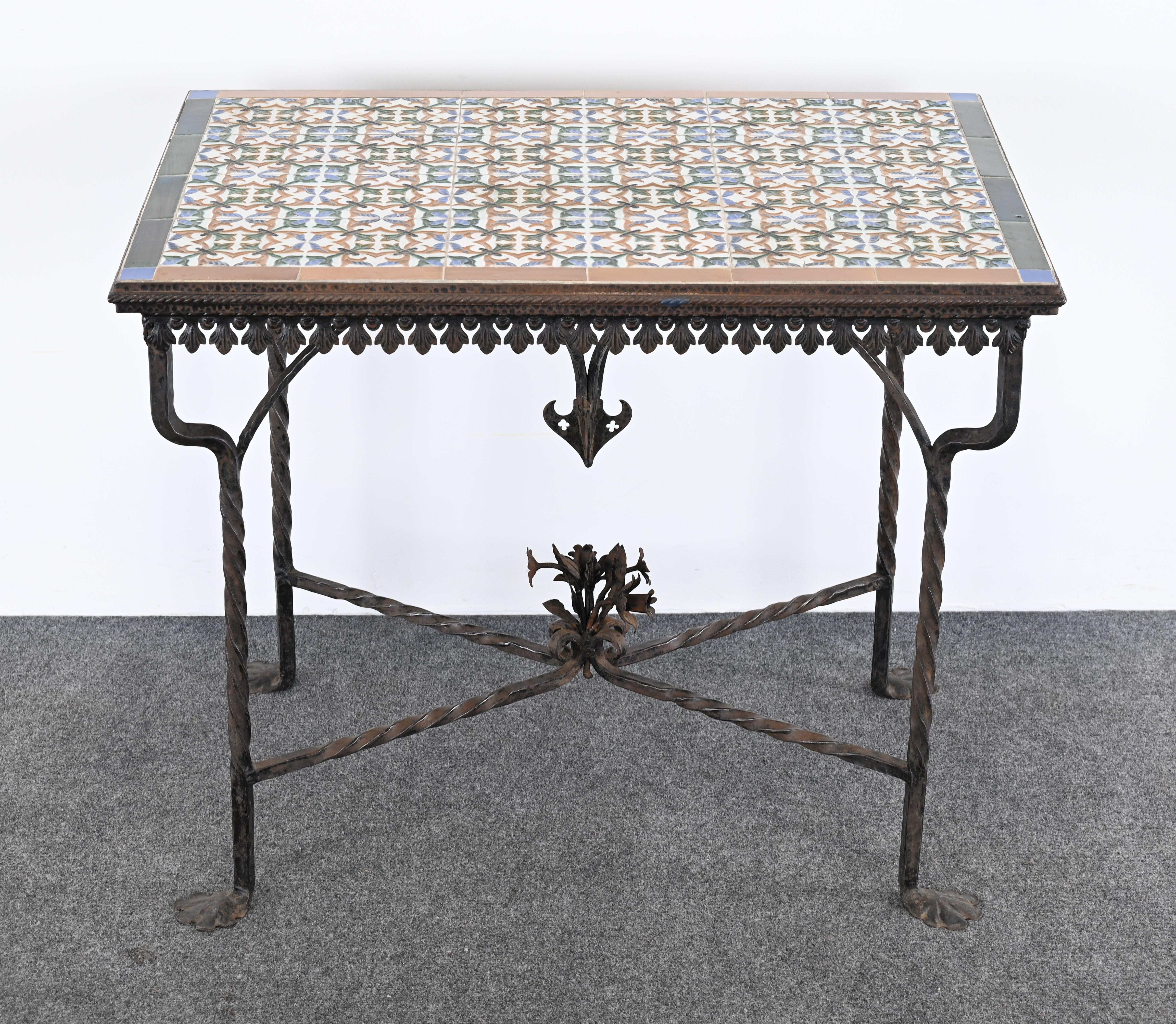 Spanish Revival Wrought Iron and Tile Console Table with Geometric Motif, 1920s For Sale 12