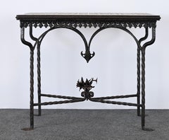 Tavolo da console in ferro battuto e piastrelle del Rinascimento spagnolo con motivo geometrico, anni '20