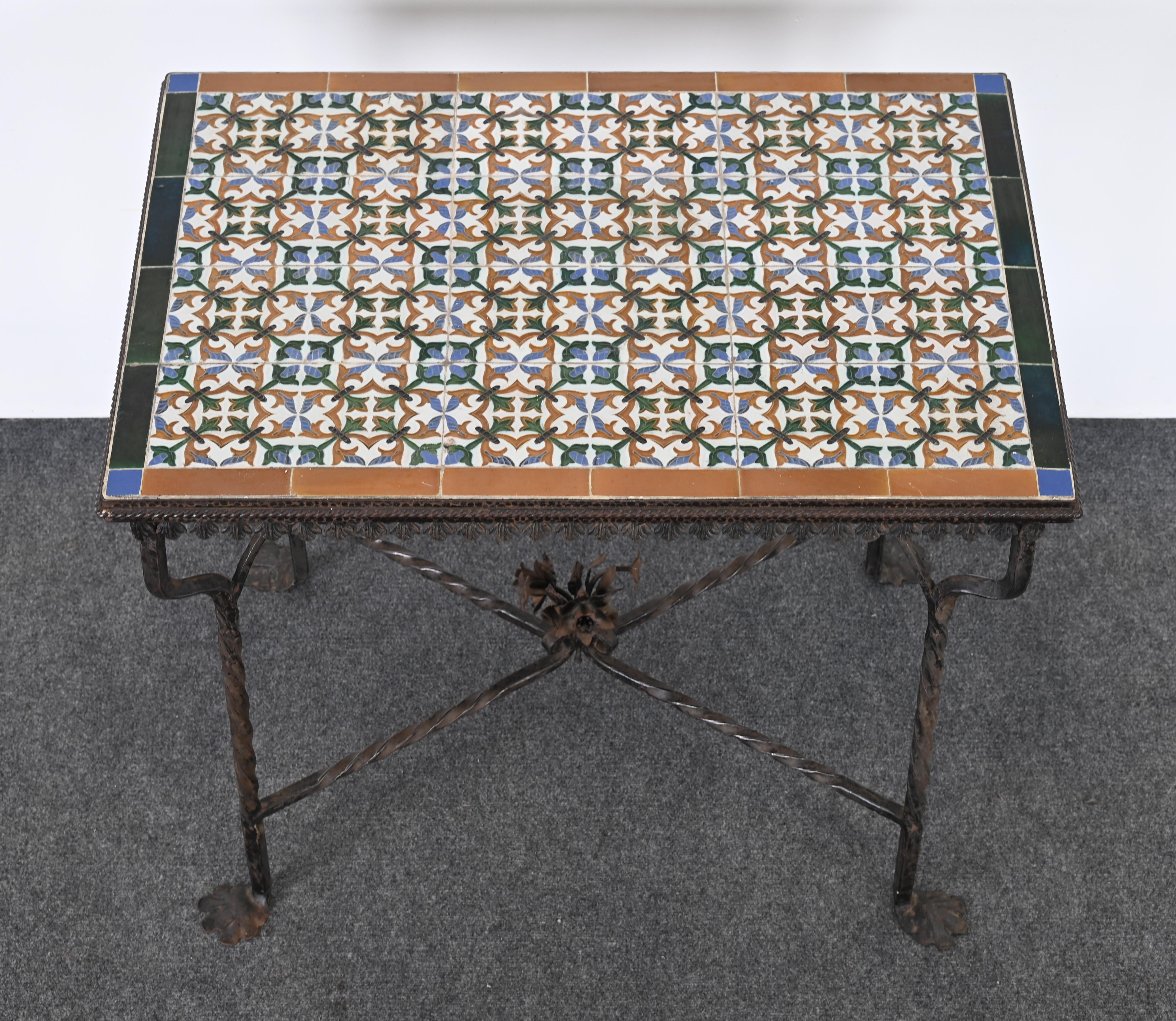 Spanish Revival Wrought Iron and Tile Console Table with Geometric Motif, 1920s In Good Condition For Sale In Hamburg, PA