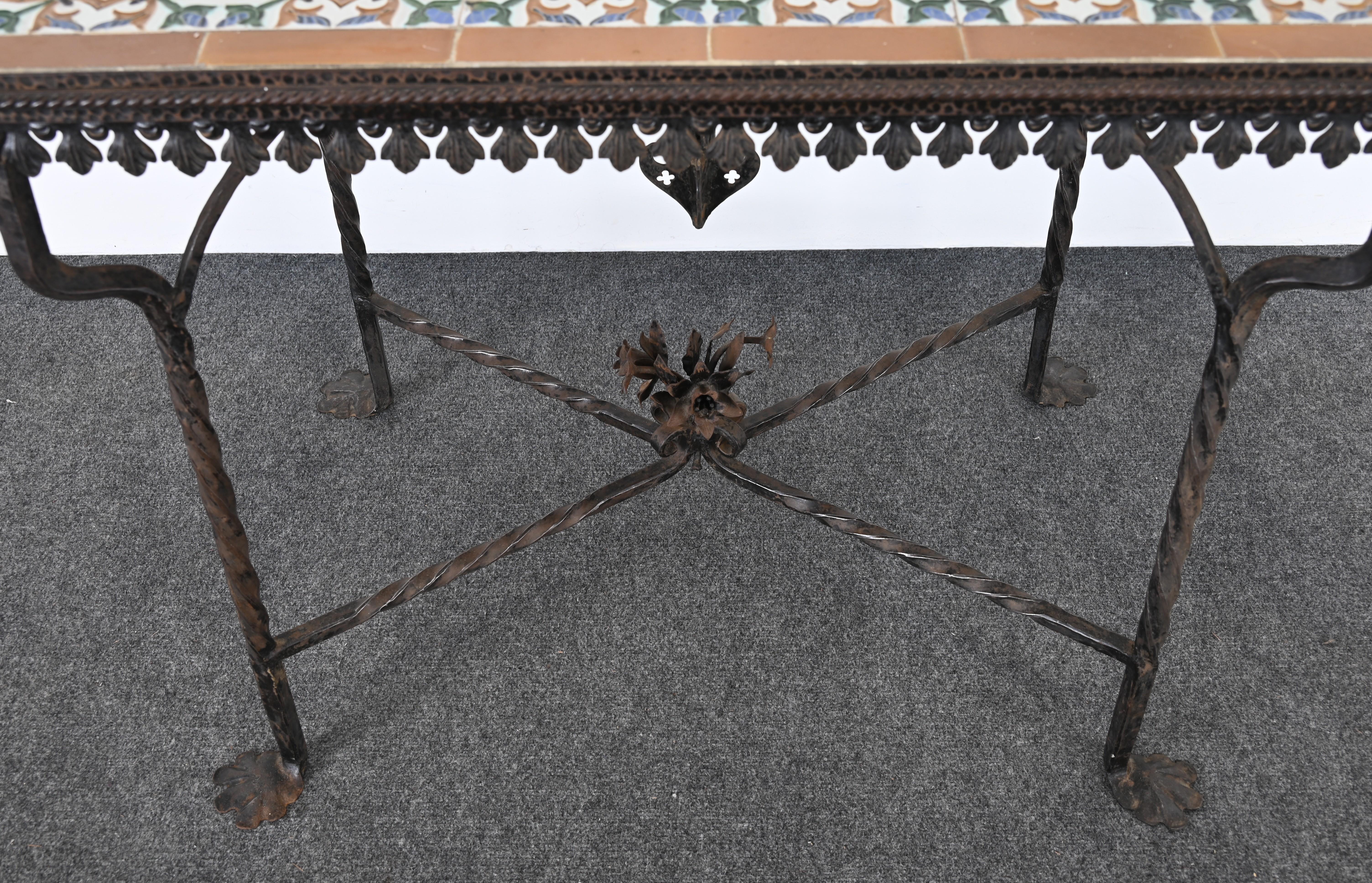 Early 20th Century Spanish Revival Wrought Iron and Tile Console Table with Geometric Motif, 1920s For Sale