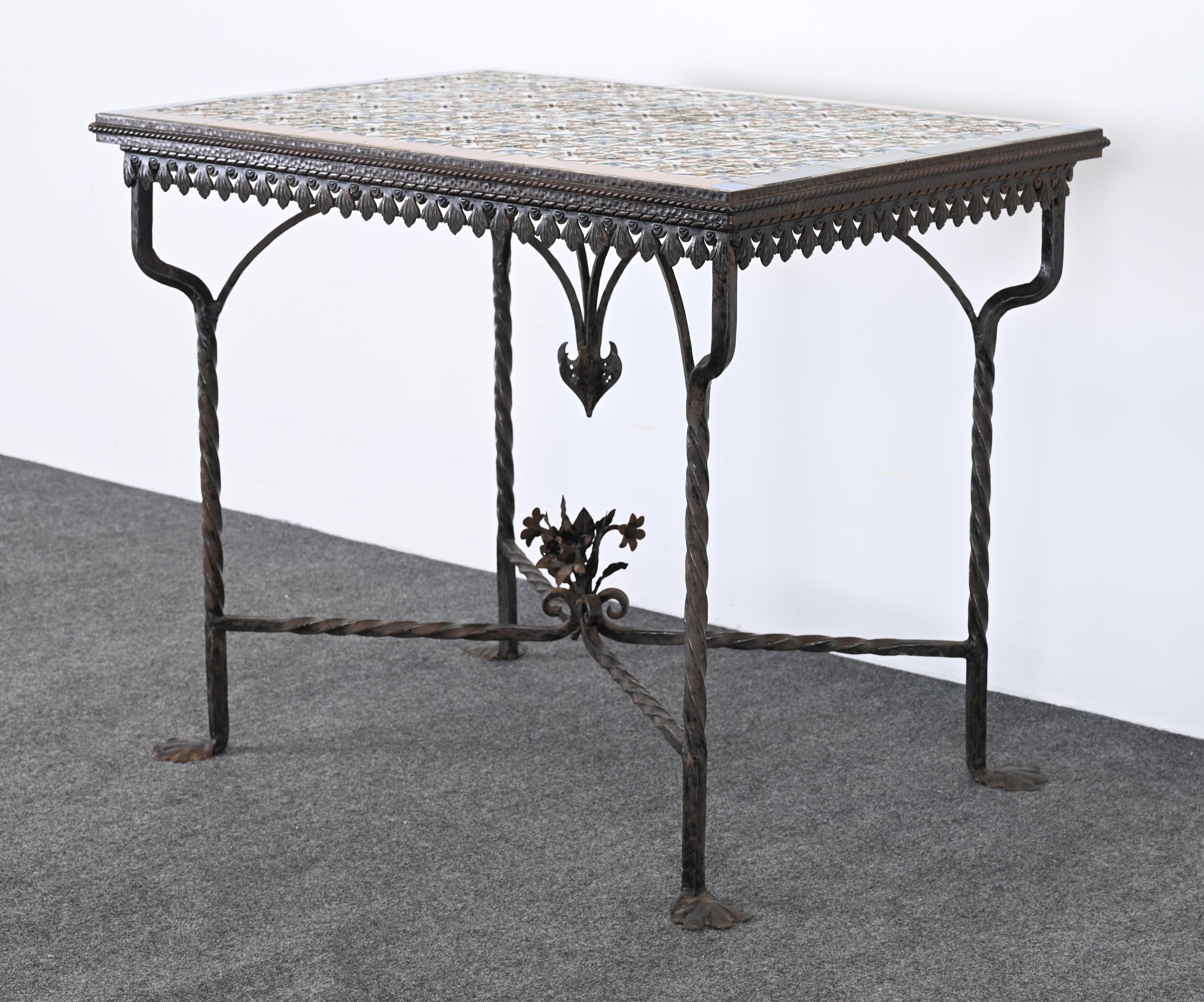 Spanish Revival Wrought Iron and Tile Console Table with Geometric Motif, 1920s For Sale 1