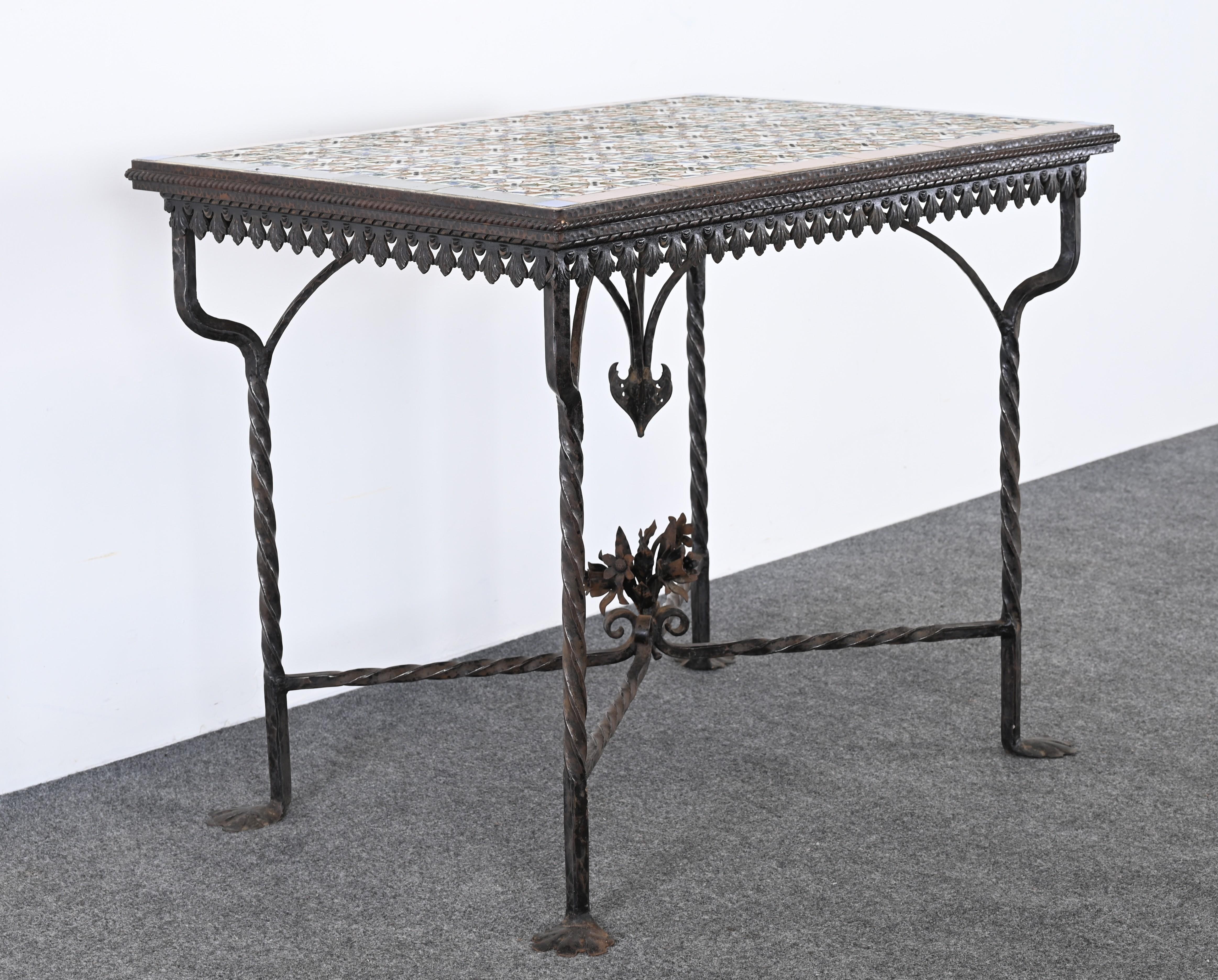 Spanish Revival Wrought Iron and Tile Console Table with Geometric Motif, 1920s For Sale 2