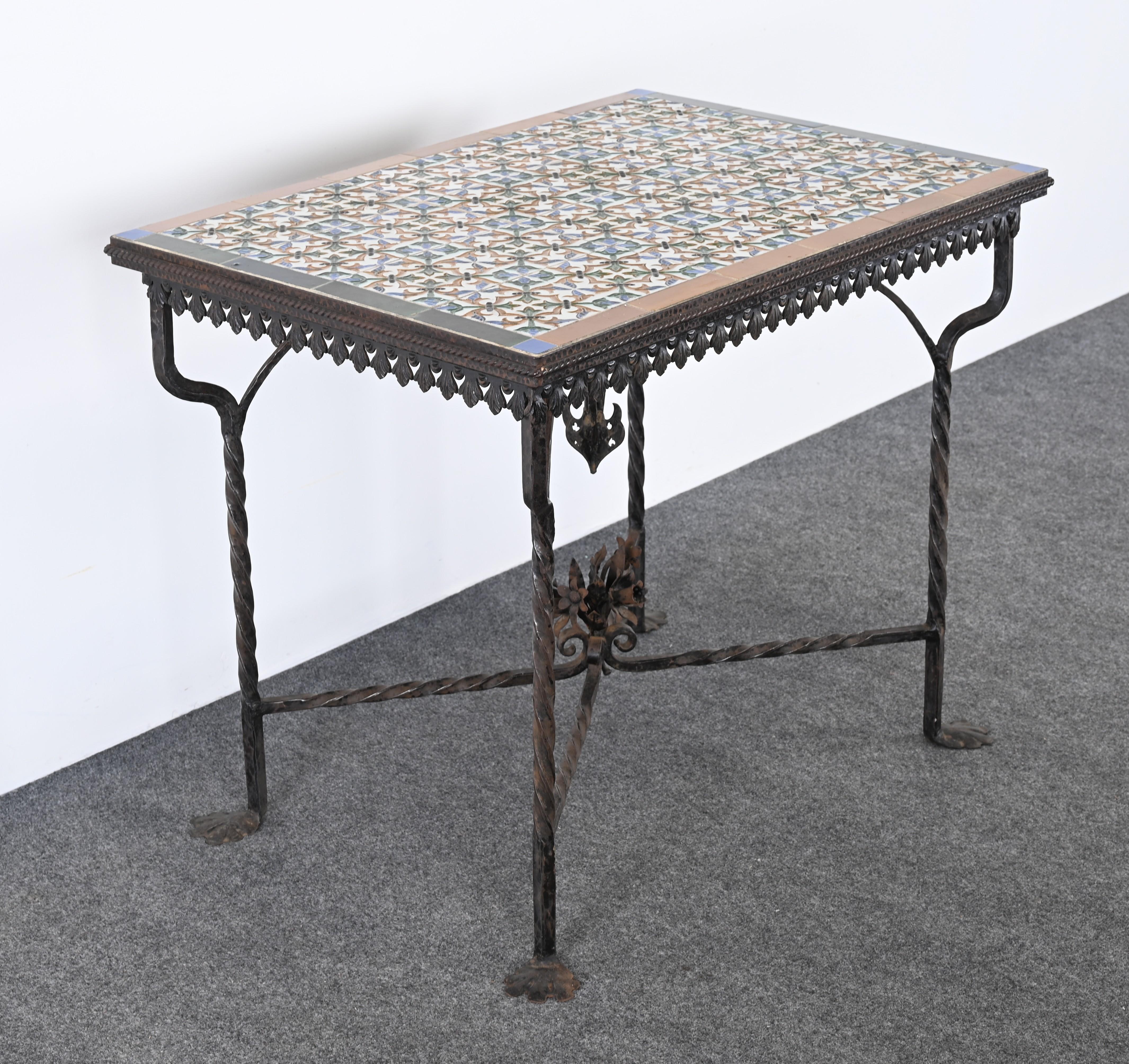 Spanish Revival Wrought Iron and Tile Console Table with Geometric Motif, 1920s For Sale 3