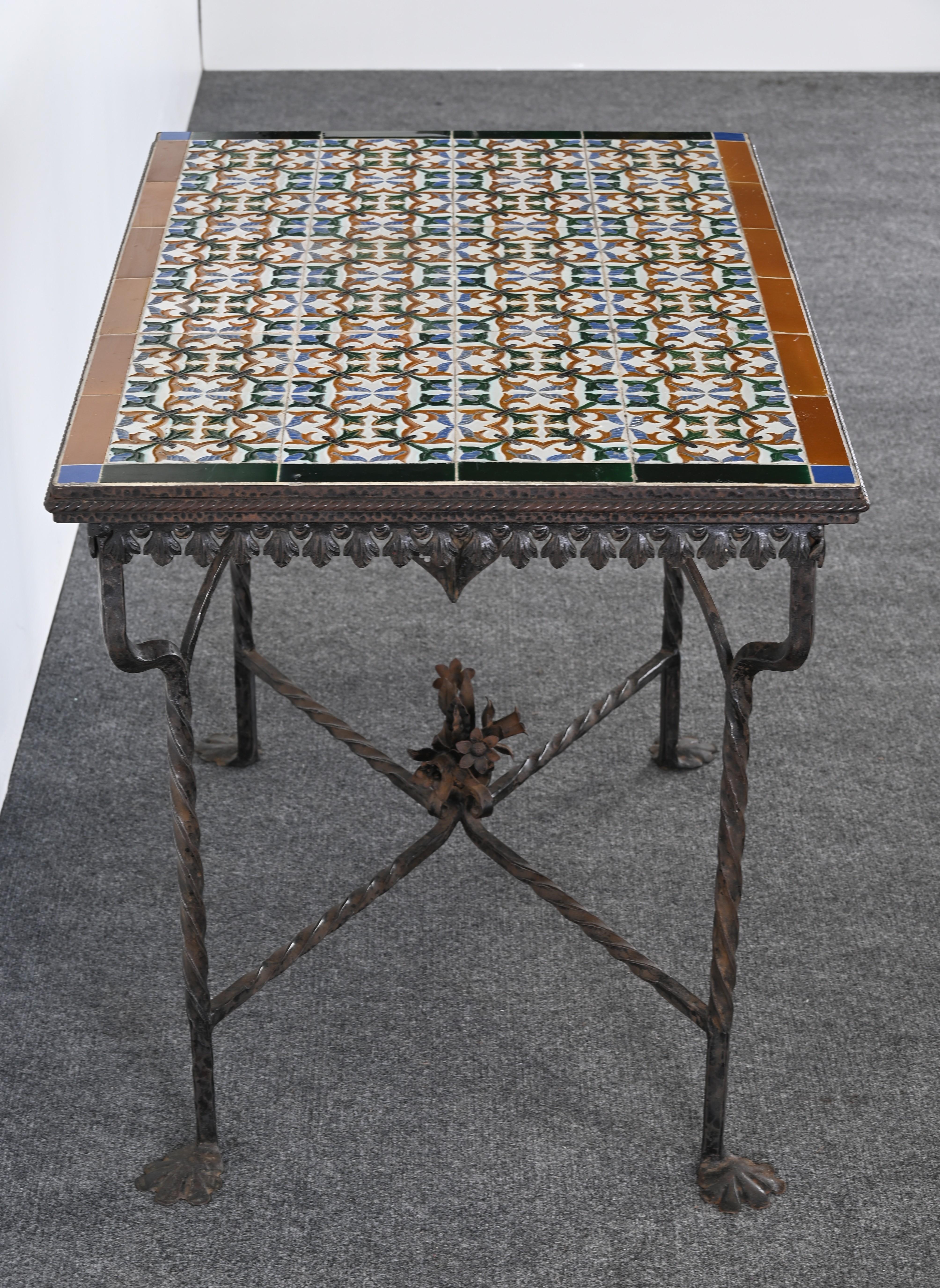 Spanish Revival Wrought Iron and Tile Console Table with Geometric Motif, 1920s For Sale 4