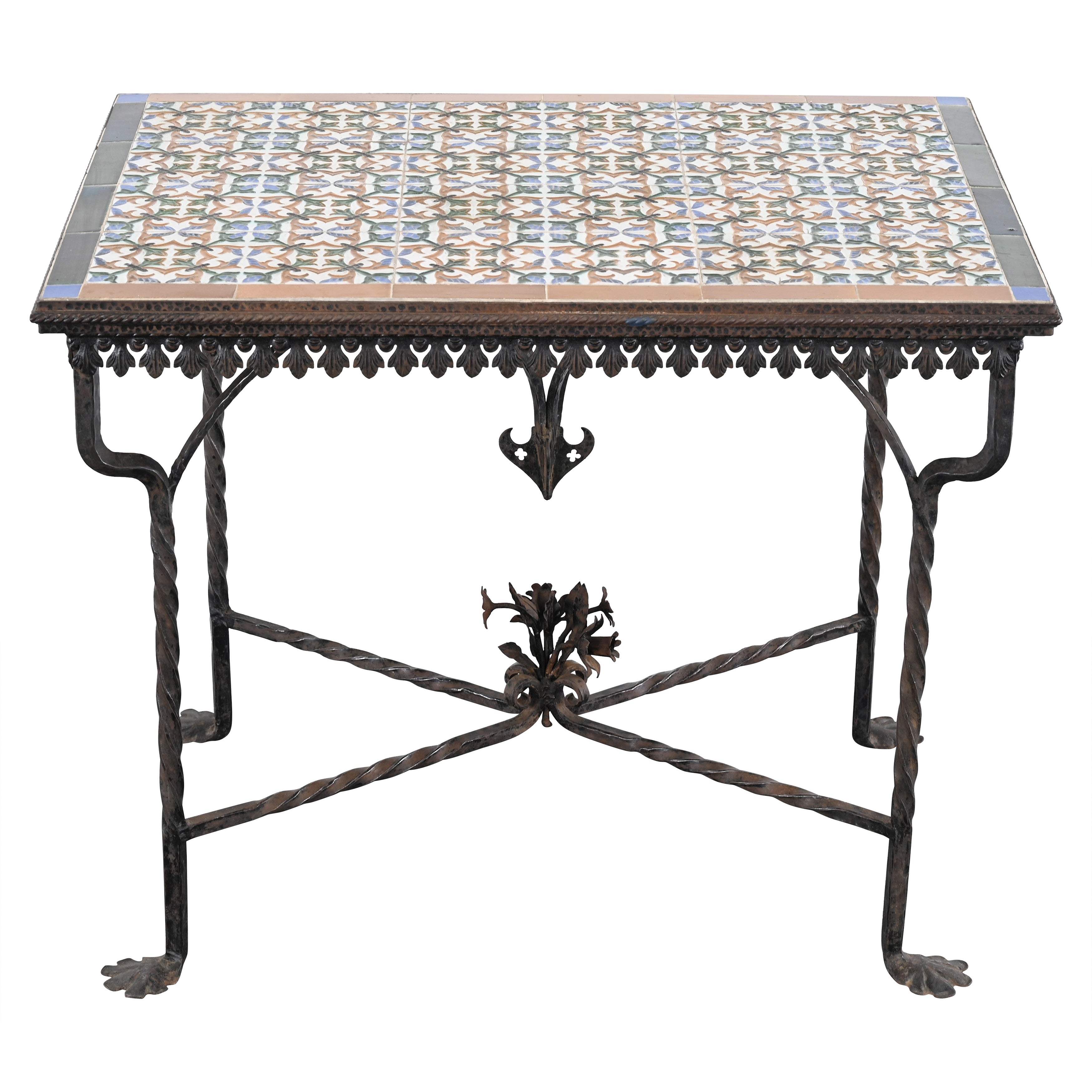 Spanish Revival Wrought Iron and Tile Console Table with Geometric Motif, 1920s