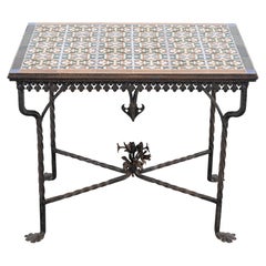 Spanish Revival Wrought Iron and Tile Console Table with Geometric Motif, 1920s