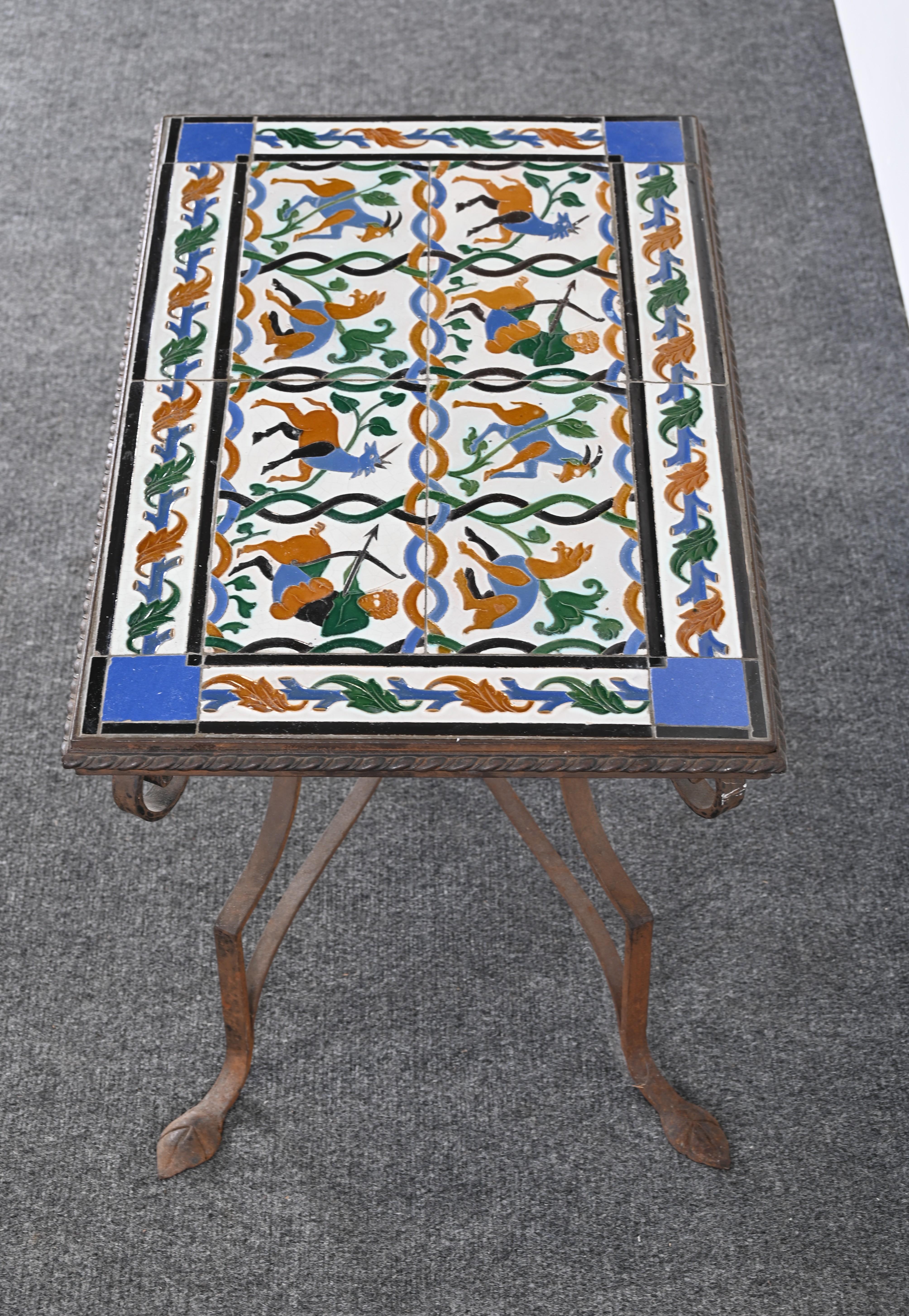 Spanish Revival Wrought Iron and Tile Side Table with Mythological Motif, 1920s For Sale 4