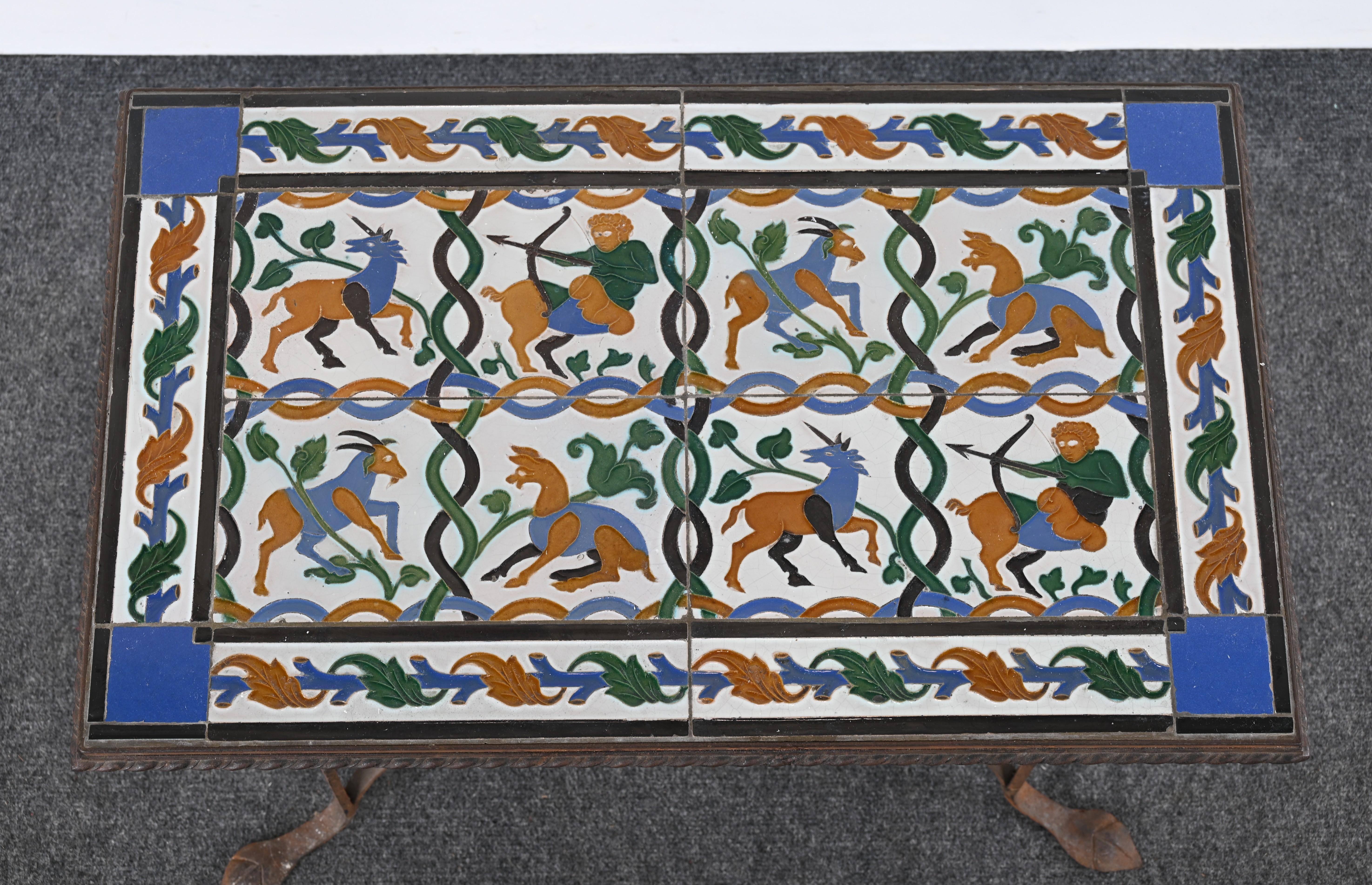 Spanish Revival Wrought Iron and Tile Side Table with Mythological Motif, 1920s For Sale 5
