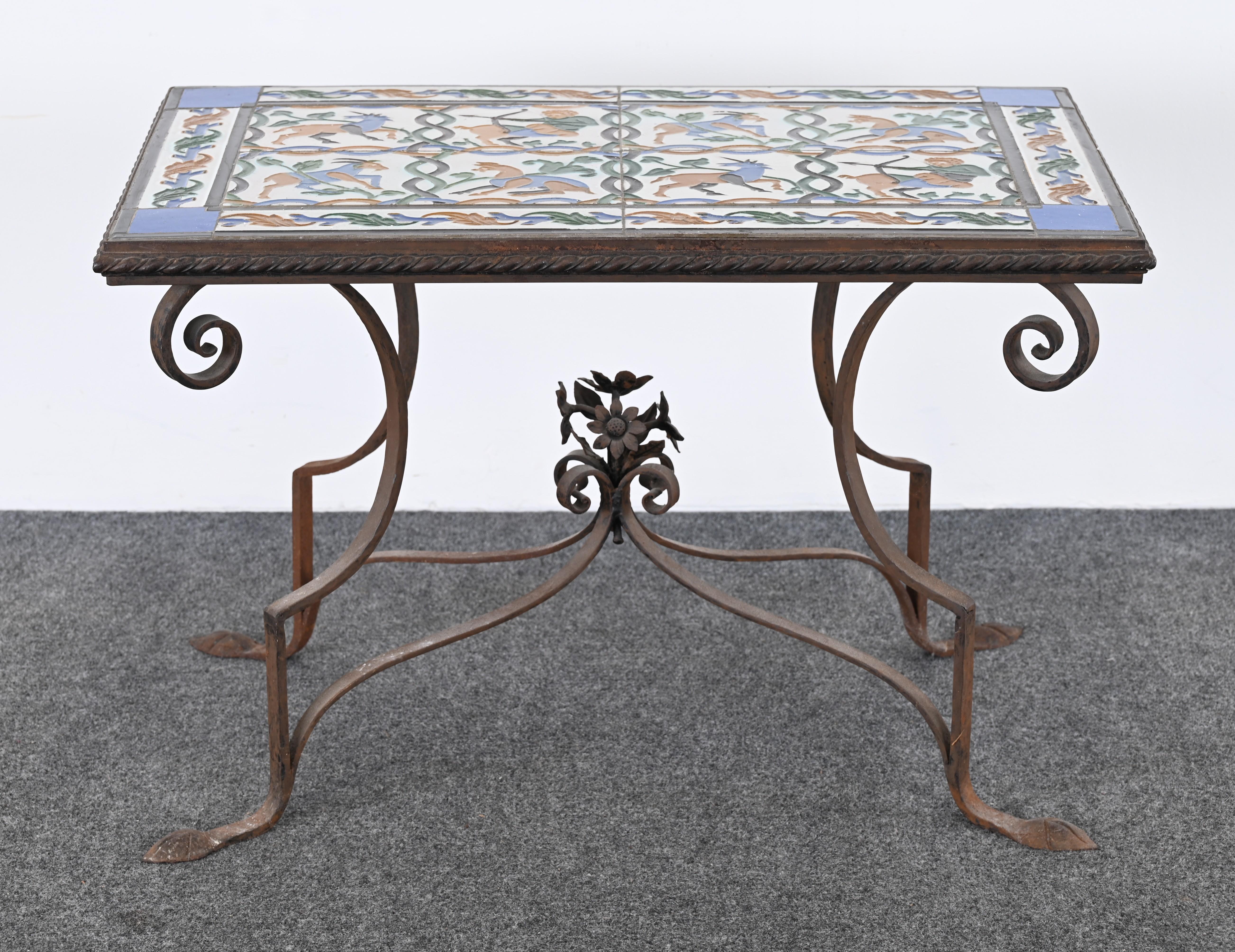 Spanish Revival Wrought Iron and Tile Side Table with Mythological Motif, 1920s For Sale 6