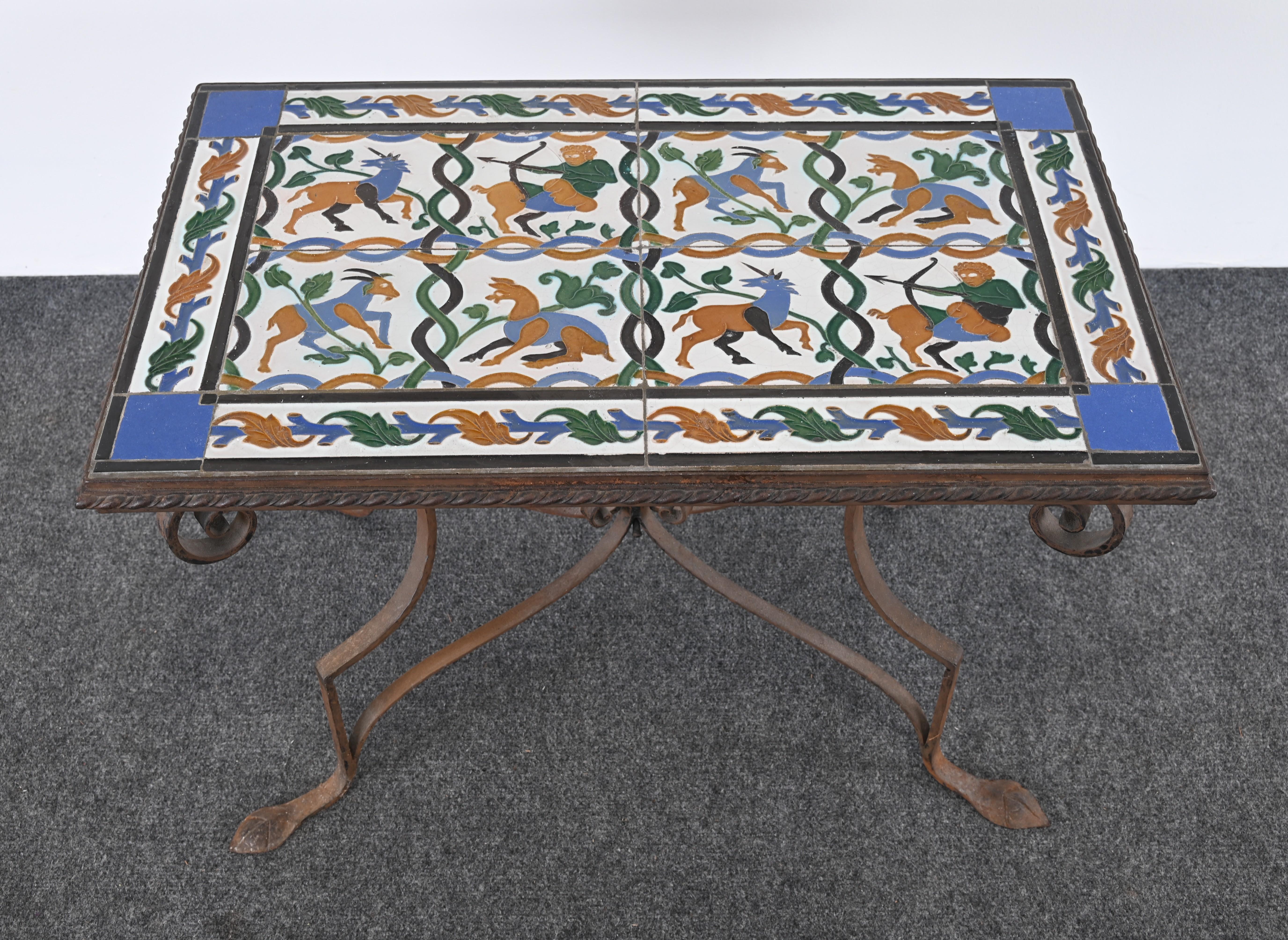 Spanish Revival Wrought Iron and Tile Side Table with Mythological Motif, 1920s For Sale 9