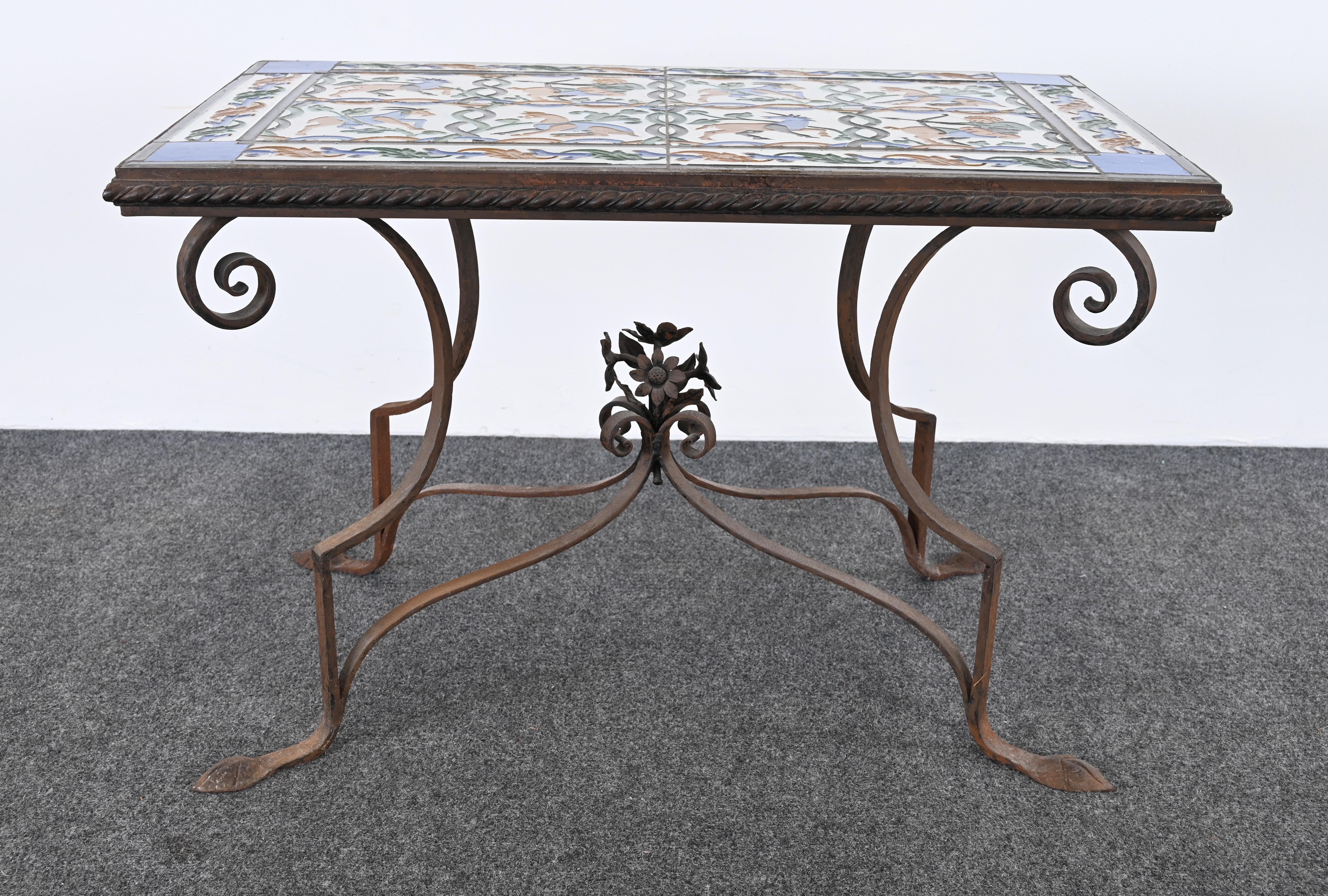 Spanish Revival Wrought Iron and Tile Side Table with Mythological Motif, 1920s For Sale 10