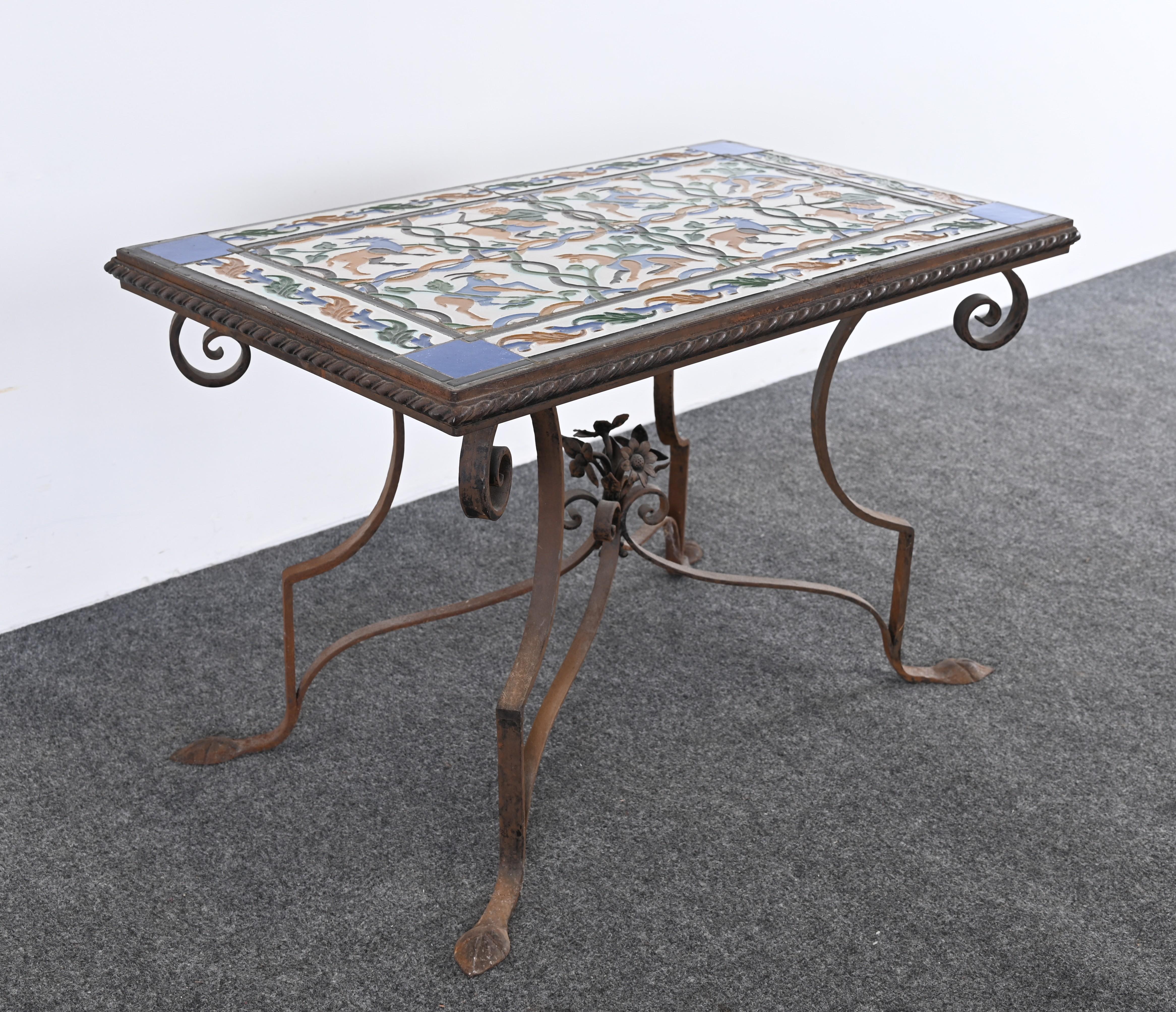Spanish Revival Wrought Iron and Tile Side Table with Mythological Motif, 1920s For Sale 11