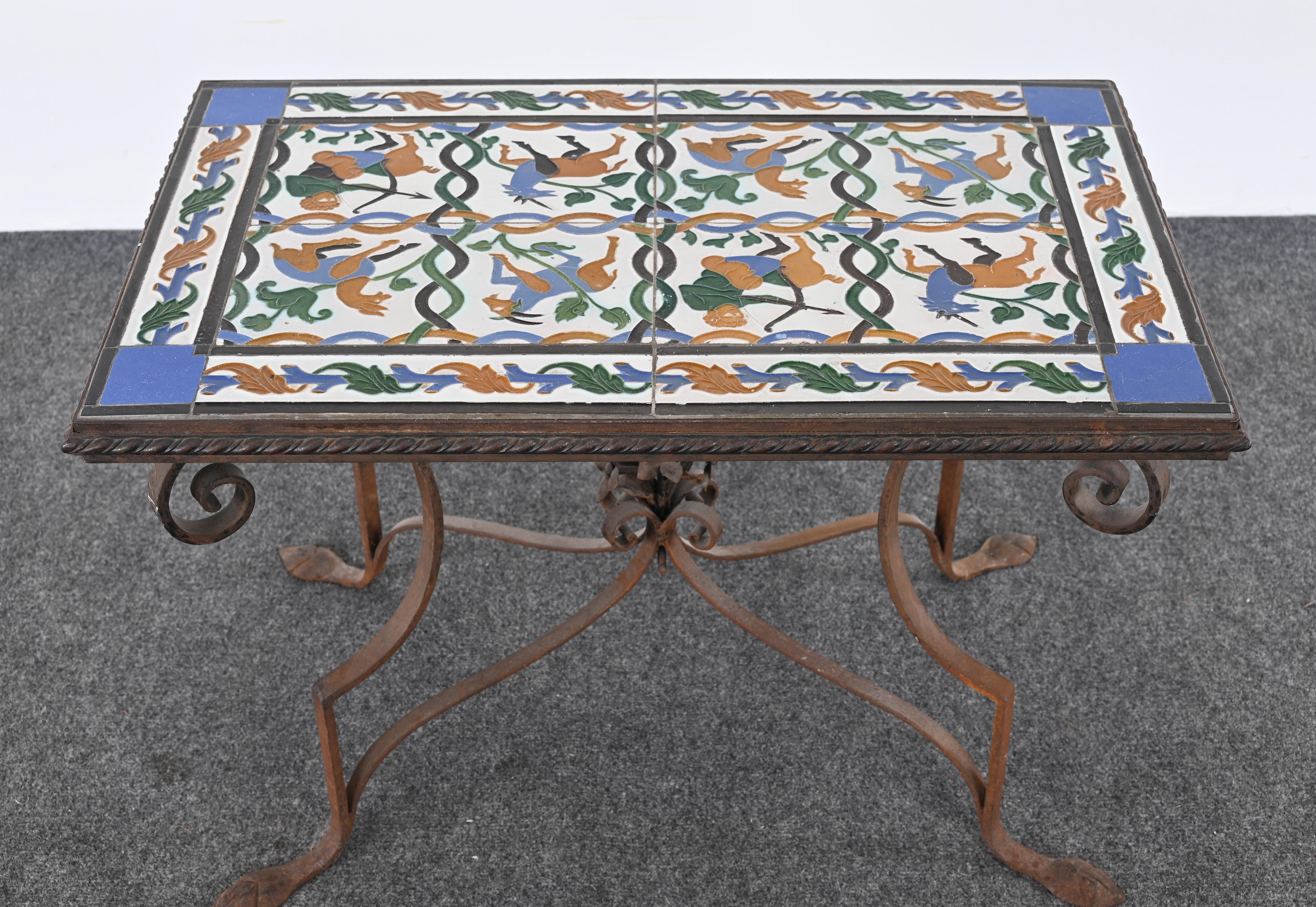 Spanish Revival Wrought Iron and Tile Side Table with Mythological Motif, 1920s For Sale 13