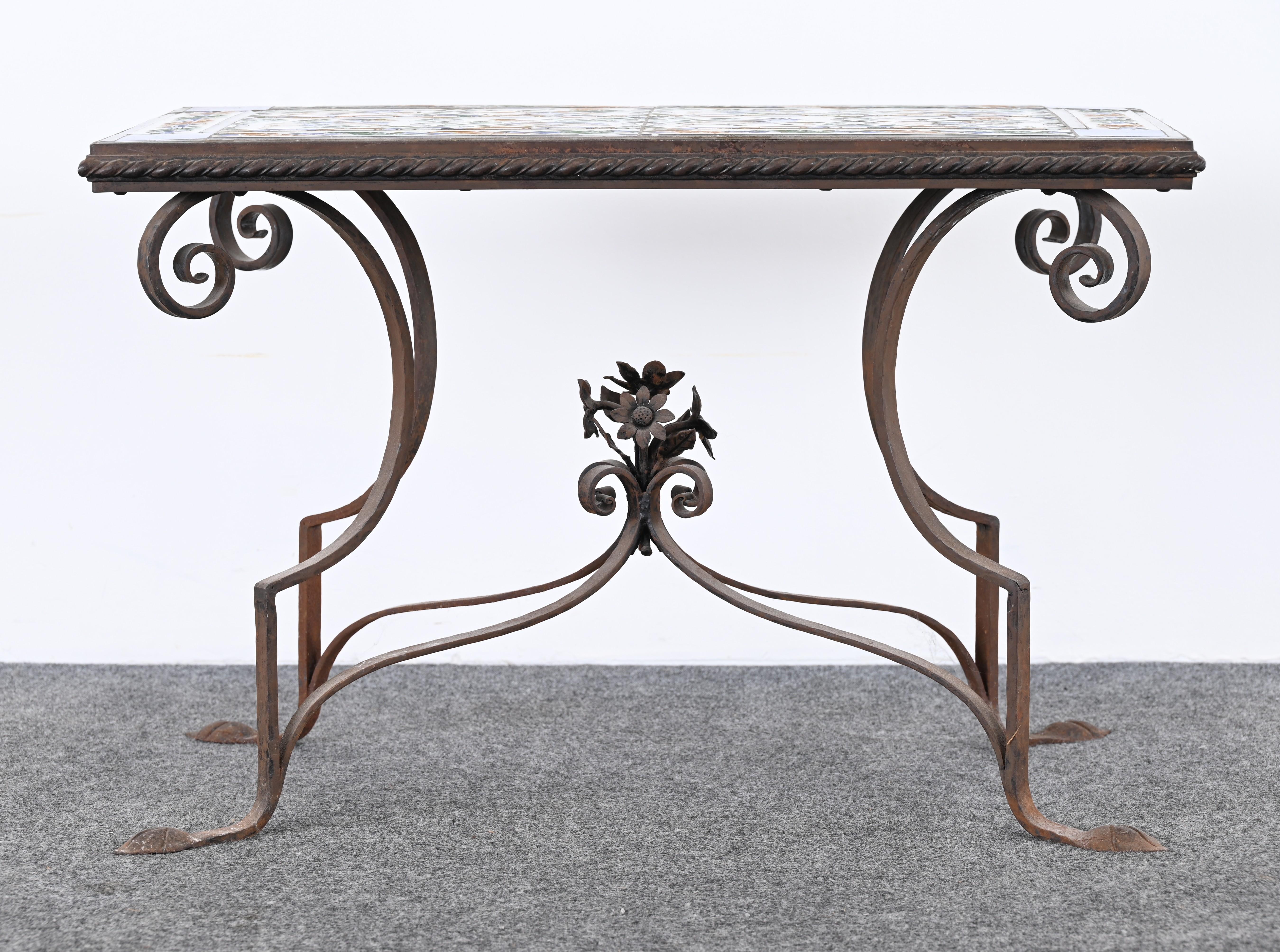 Colonial Revival Spanish Revival Wrought Iron and Tile Side Table with Mythological Motif, 1920s For Sale