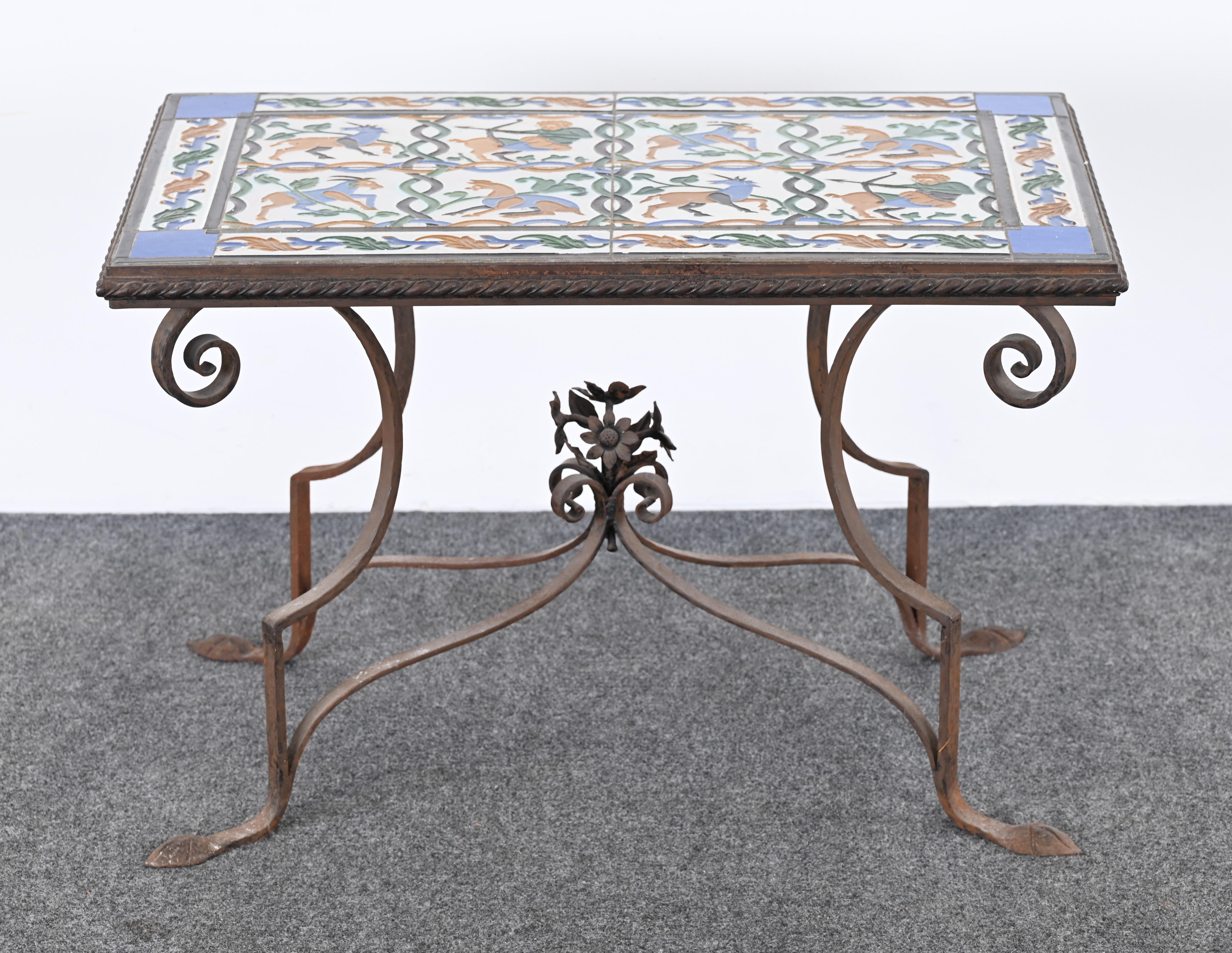 Spanish Revival Wrought Iron and Tile Side Table with Mythological Motif, 1920s In Good Condition For Sale In Hamburg, PA