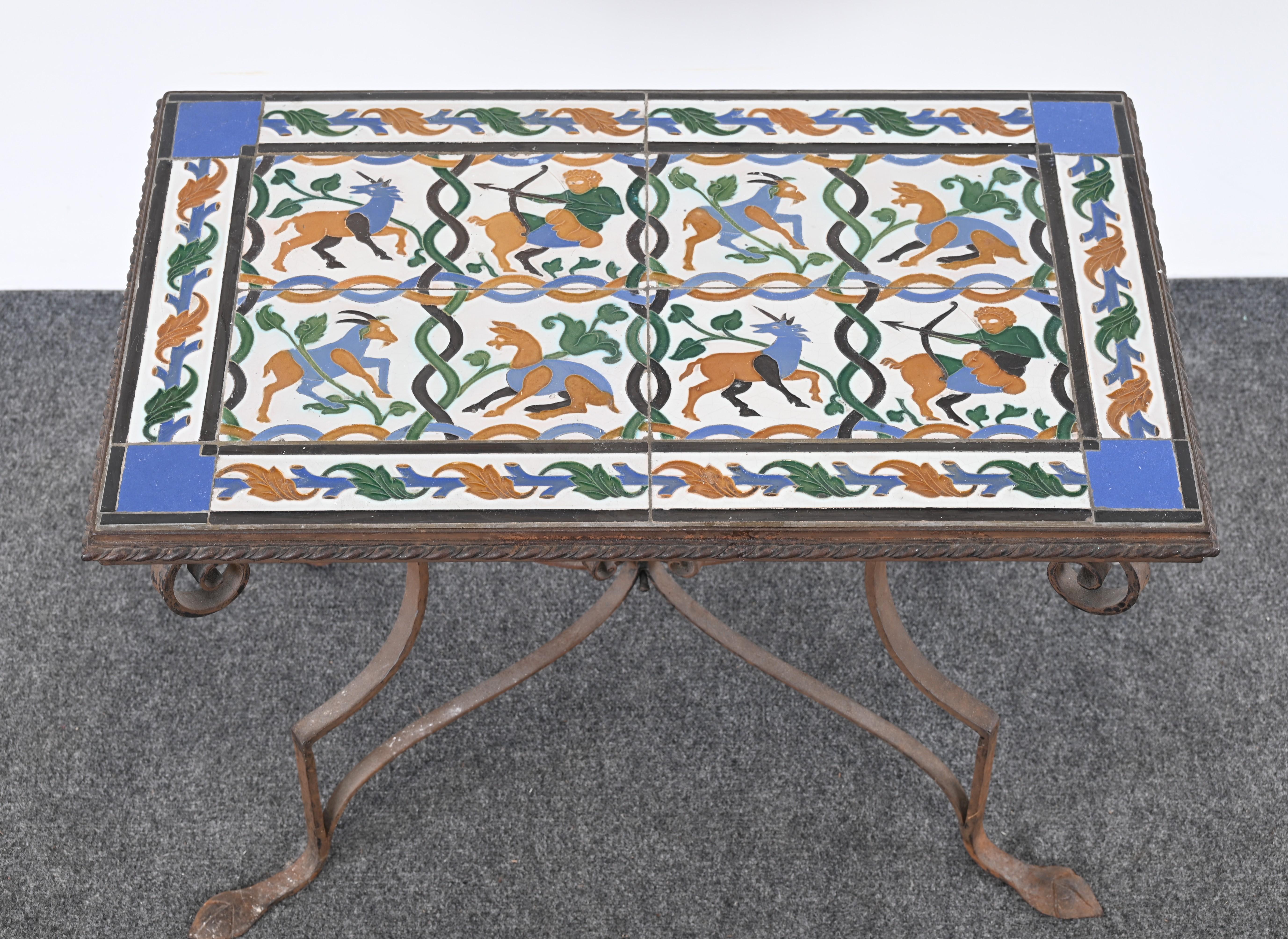Early 20th Century Spanish Revival Wrought Iron and Tile Side Table with Mythological Motif, 1920s For Sale