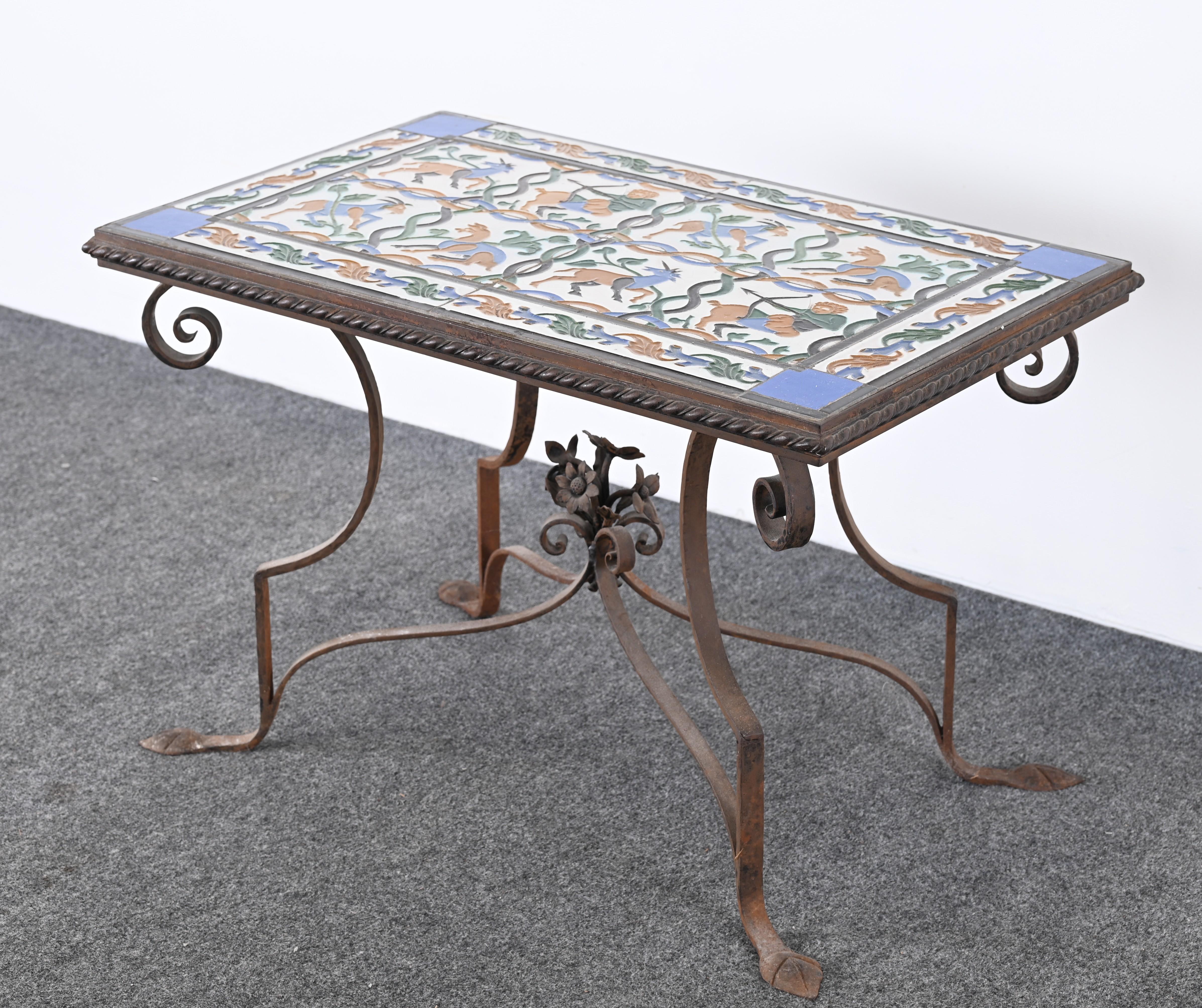 Ceramic Spanish Revival Wrought Iron and Tile Side Table with Mythological Motif, 1920s For Sale
