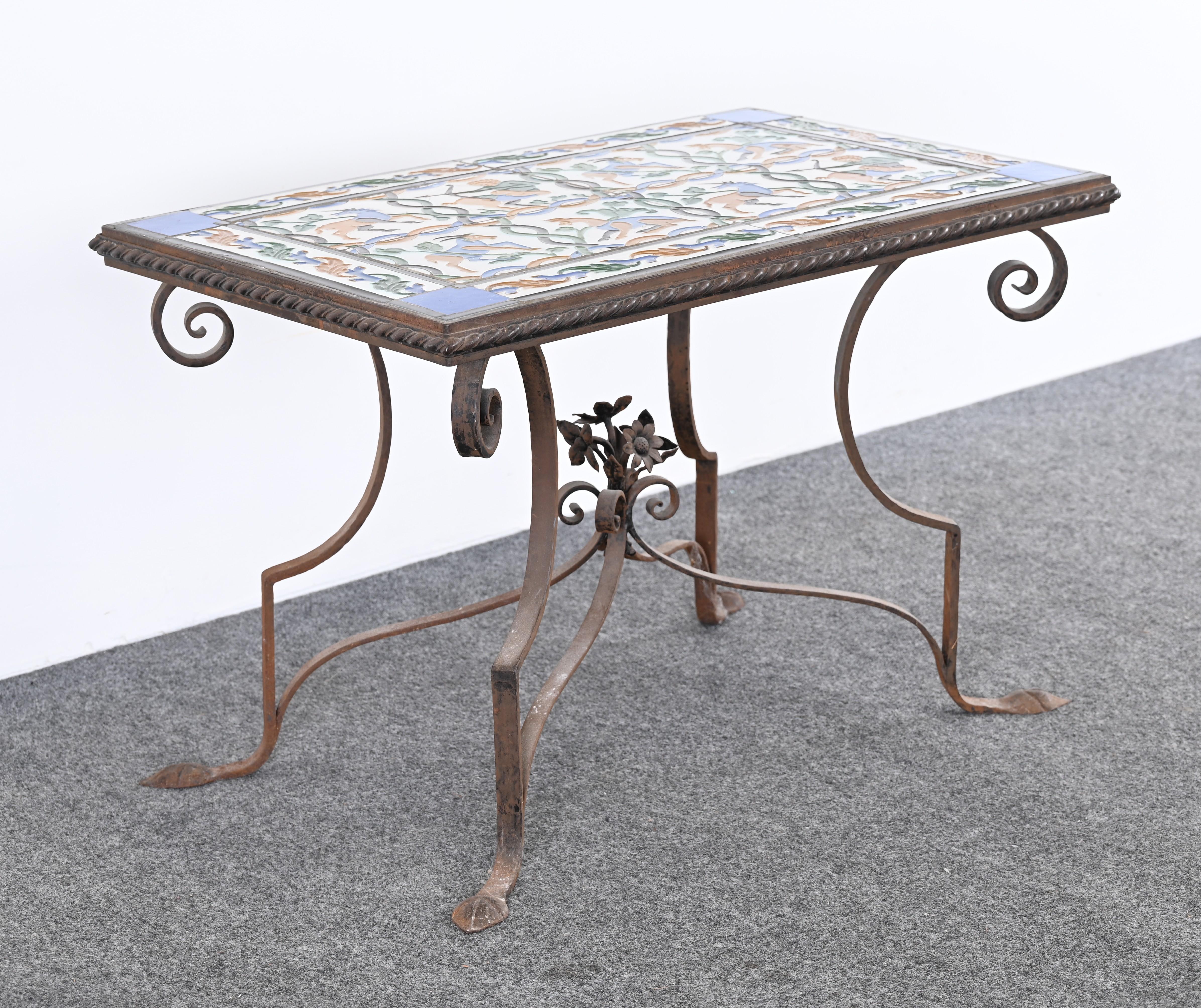 Spanish Revival Wrought Iron and Tile Side Table with Mythological Motif, 1920s For Sale 1