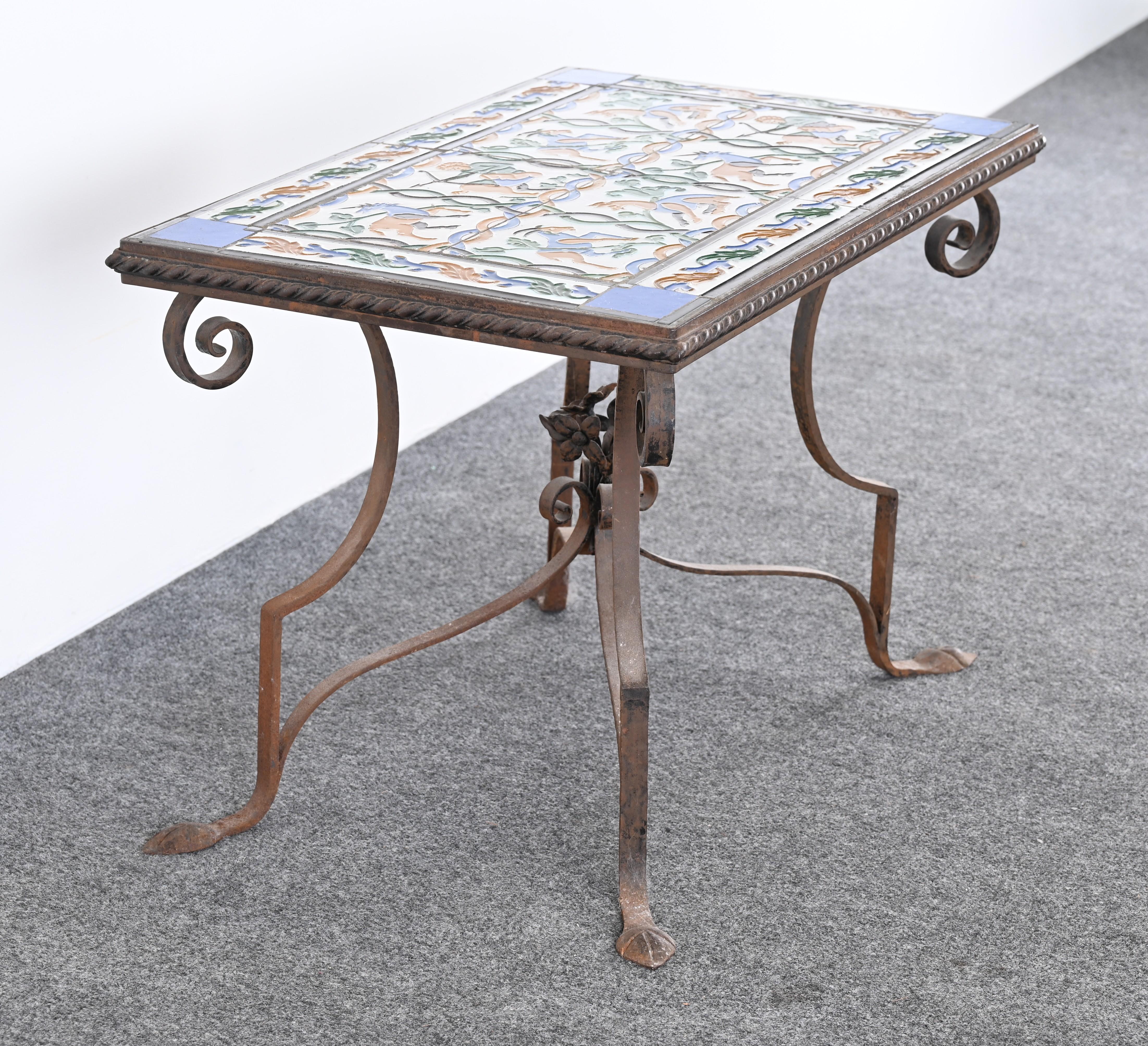 Spanish Revival Wrought Iron and Tile Side Table with Mythological Motif, 1920s For Sale 2
