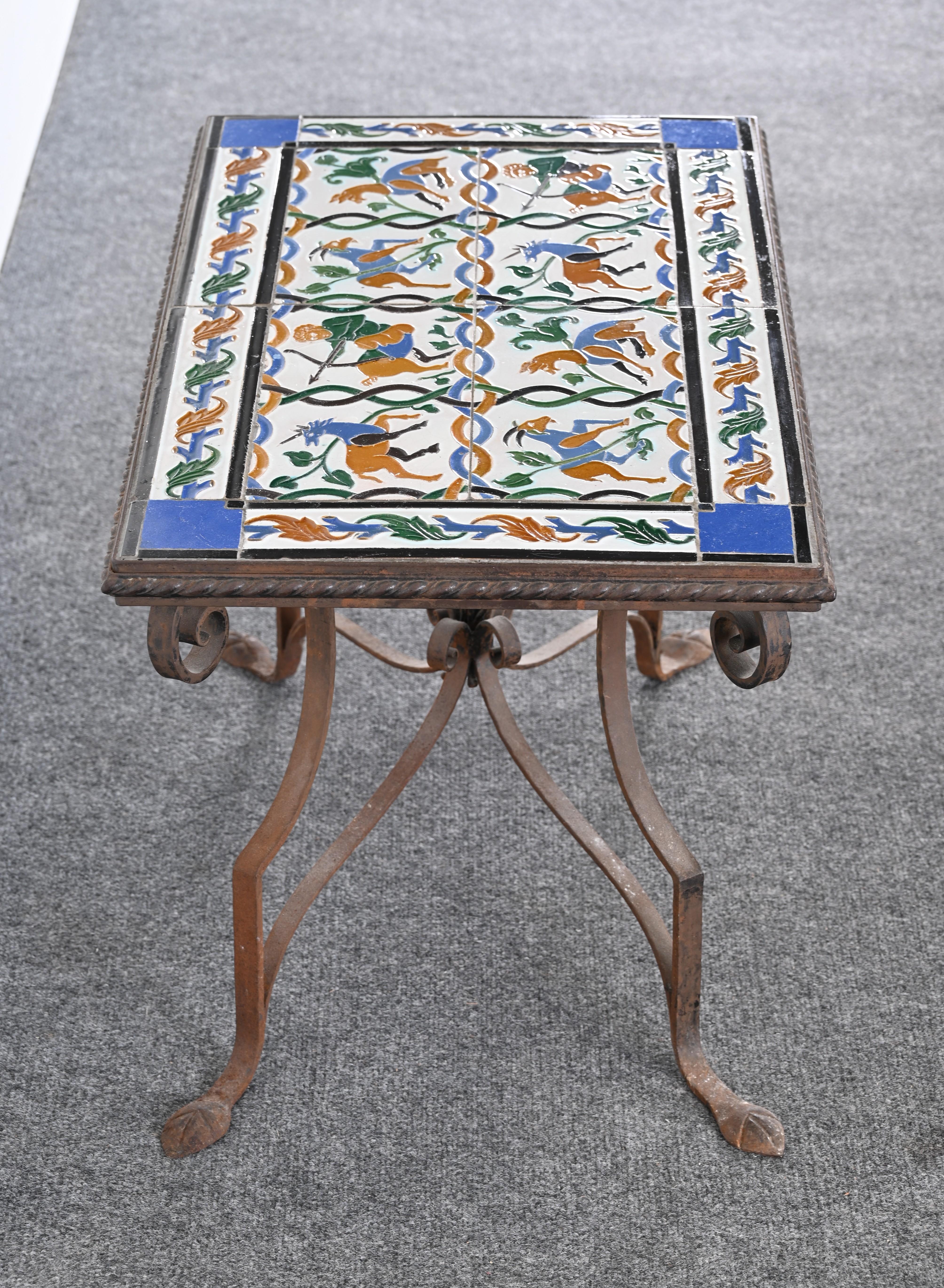Spanish Revival Wrought Iron and Tile Side Table with Mythological Motif, 1920s For Sale 3