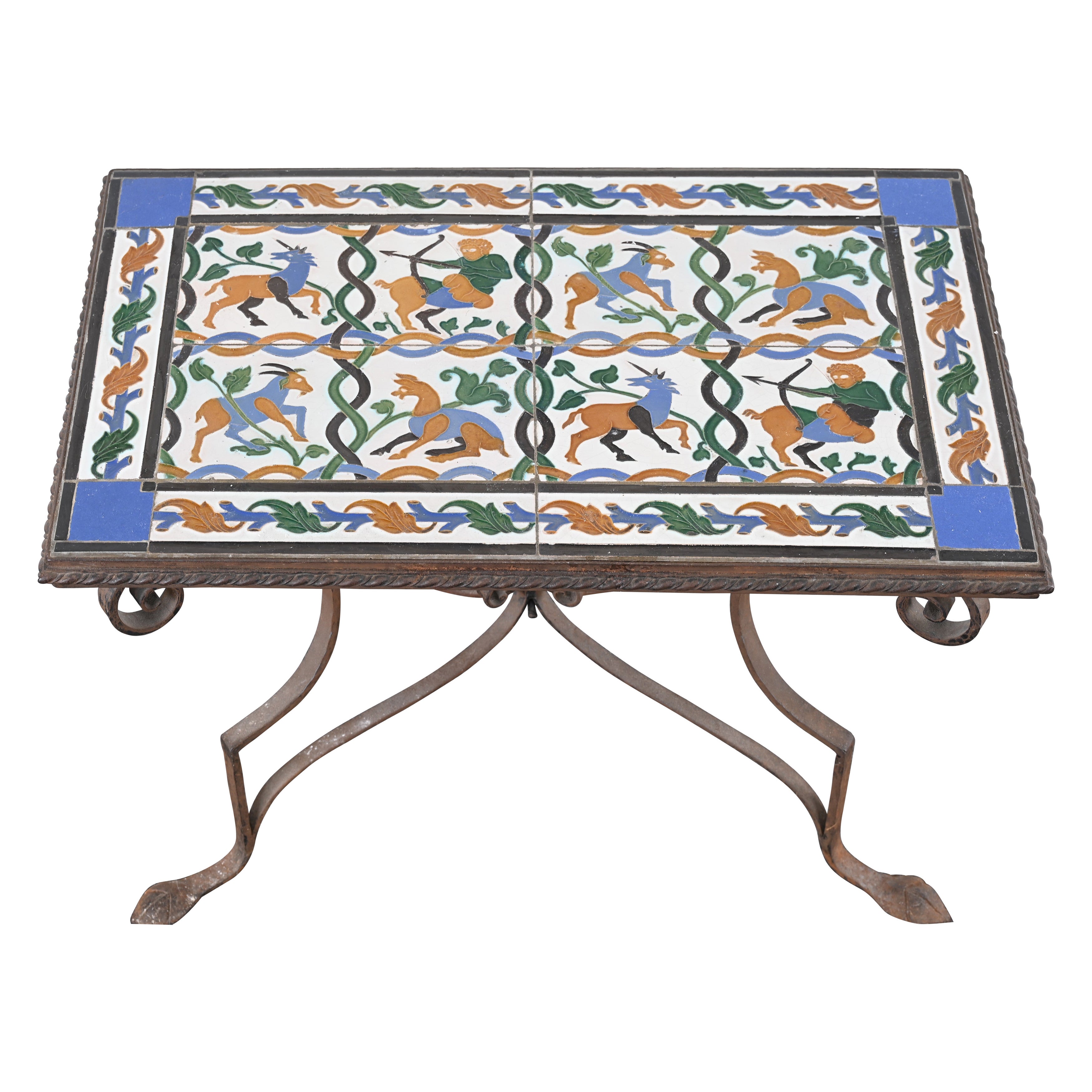 Spanish Revival Wrought Iron and Tile Side Table with Mythological Motif, 1920s For Sale