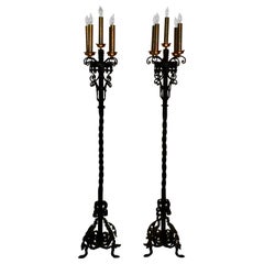 Spanish Revival Wrought Iron Floor Torchères, Pair