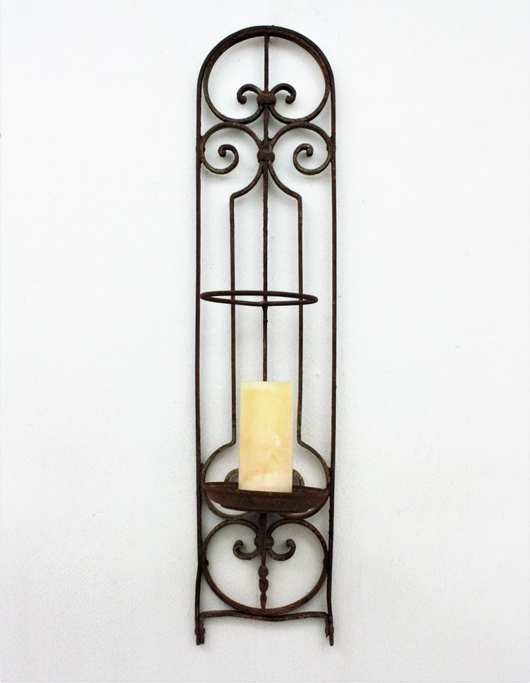 Spanish Revival Wrought Iron Large Wall Candle Holder Sconce For Sale