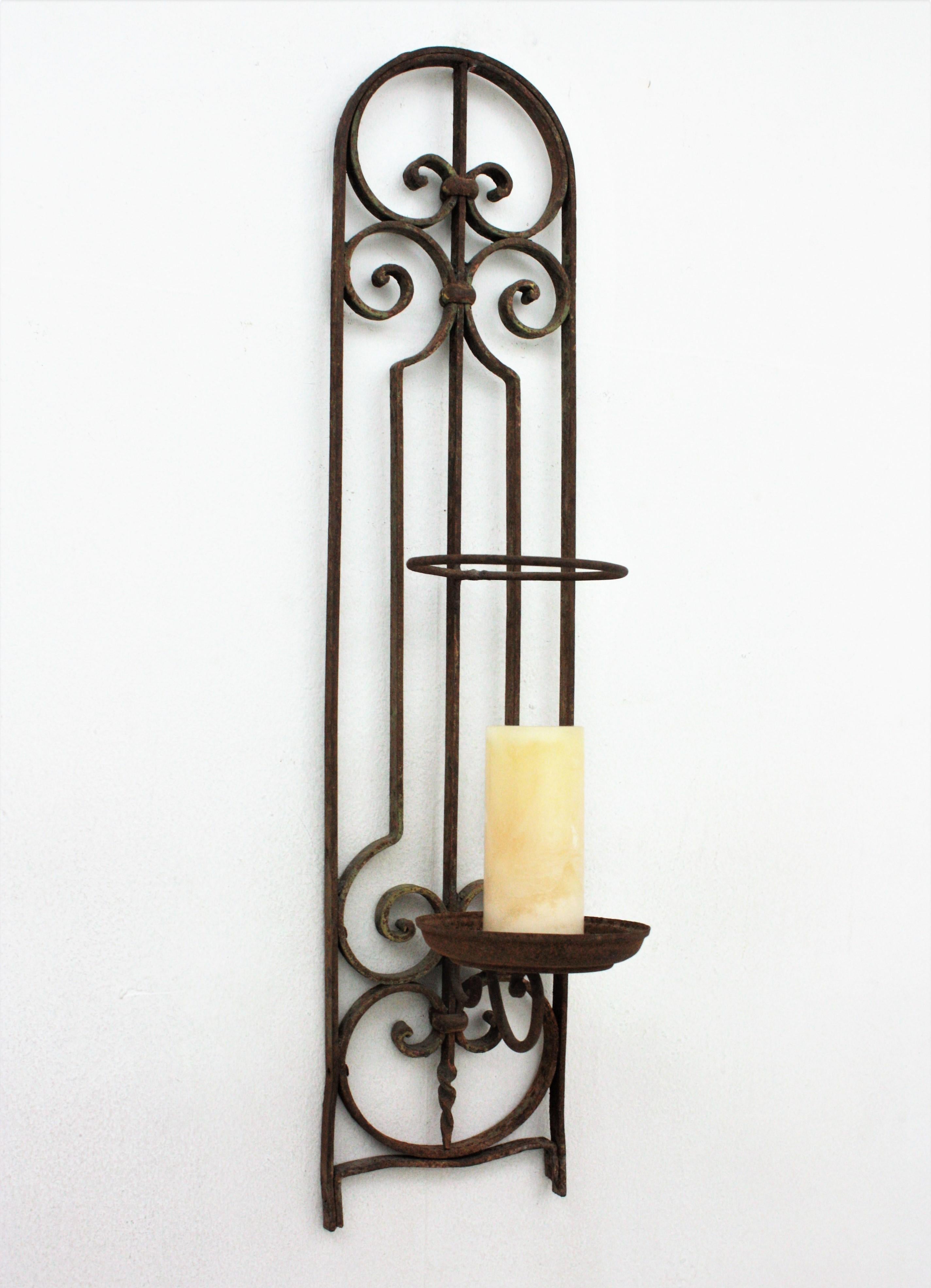 Forged Spanish Revival Wrought Iron Large Wall Candle Holder Sconce