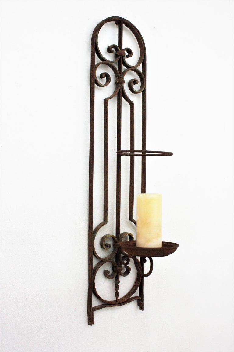 Spanish Revival Wrought Iron Large Wall Candle Holder Sconce For Sale