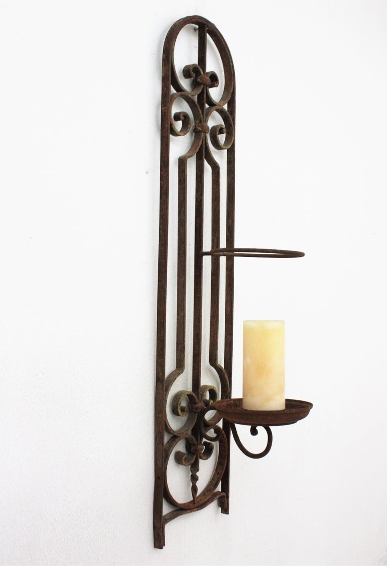 Spanish Revival Wrought Iron Large Wall Candle Holder Sconce For Sale