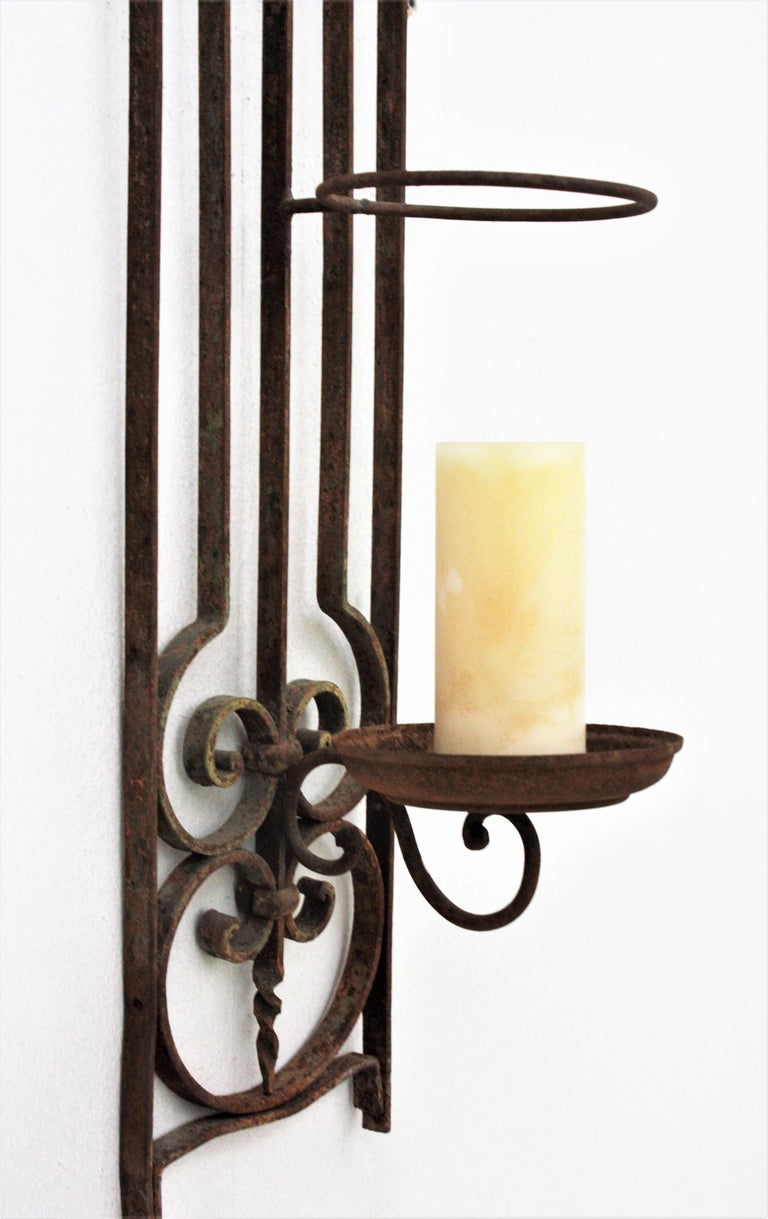 Spanish Revival Wrought Iron Large Wall Candle Holder Sconce For Sale