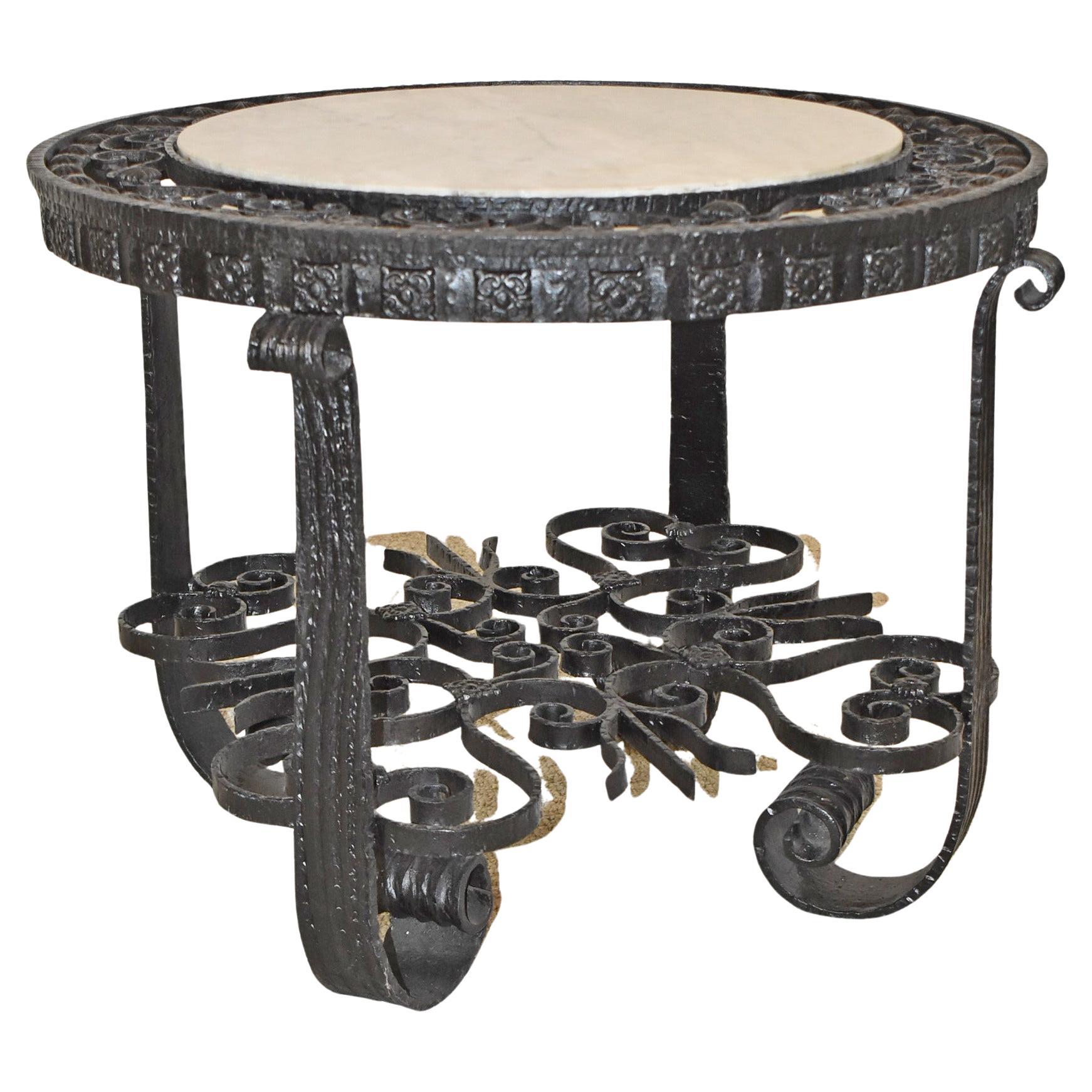 Spanish Revival Wrought Iron Table with Marble Top For Sale