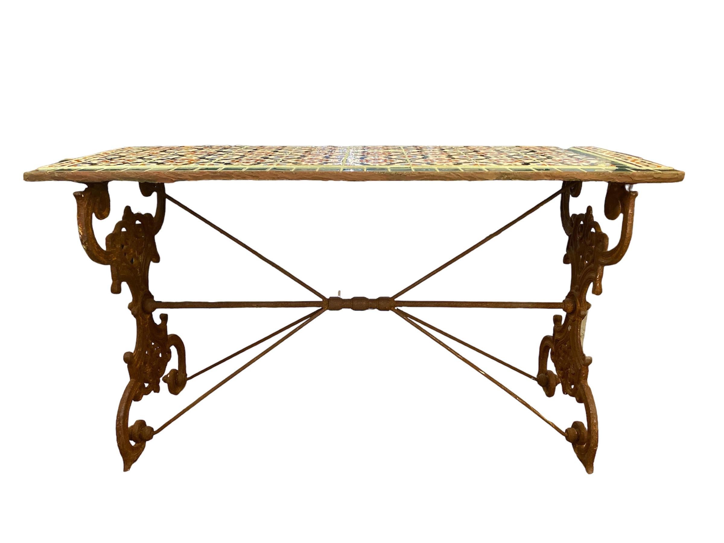 Spanish Revival Wrought Iron Tile Top Console Table 1